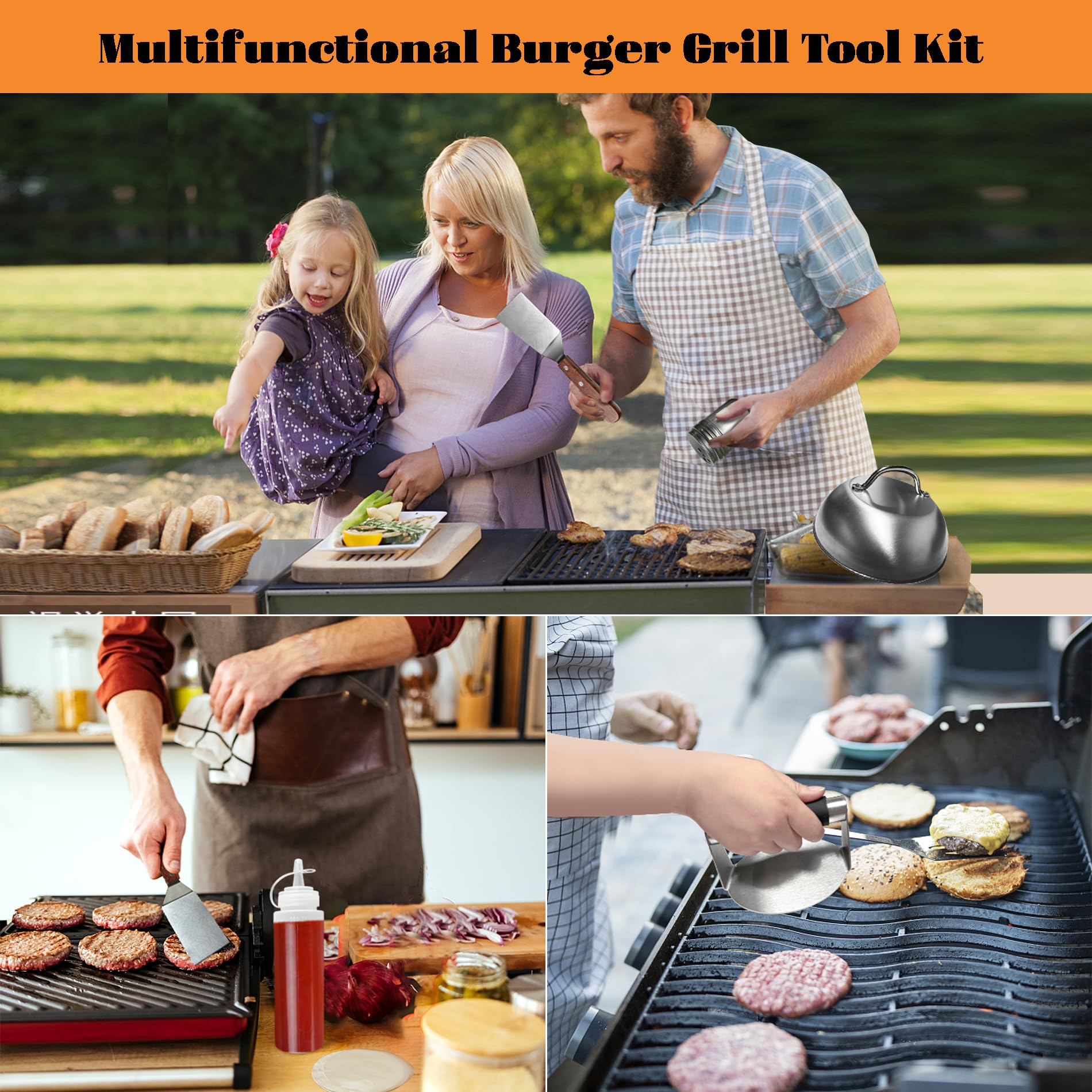 Hmfmdy Kit pressa per hamburger, spatola per hamburger e spatola per hamburger in metallo, coperchio per imbastitura, shaker per draga per spezie, carta a disco di cera, bottiglie da spremere, kit di
