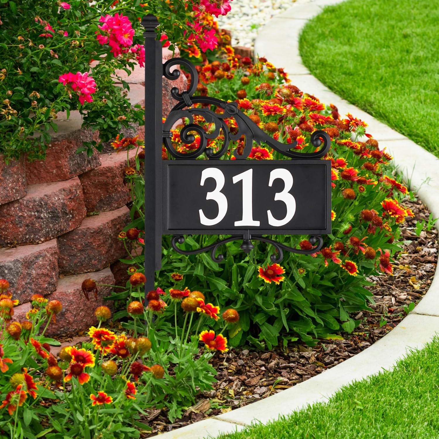 Comfort House Address Plaque With Reflective House Numbers Wrought Iron Look, Two Sided House Sign With Post For Yard or Lawn Mount # P3317