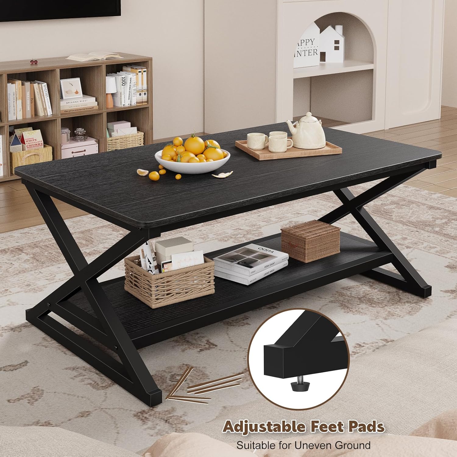 Black Rectangle Coffee Table for Living Room, 47" Modern Minimalist Wooden Metal 2 Tier Center Tables with Storage Shelf, 350lbs Load Capacity, Easy Assembly