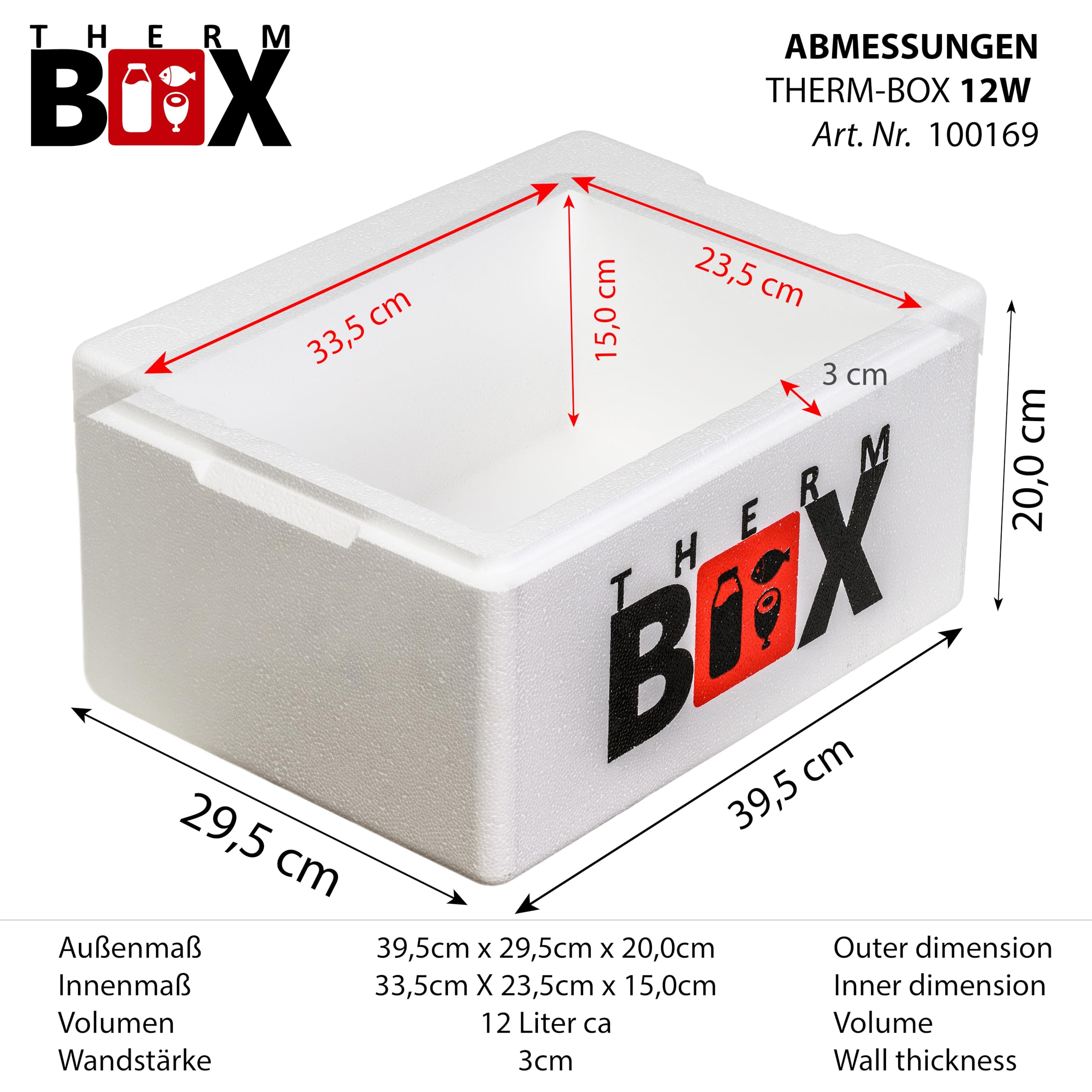 THERM BOX Scatola di polistirolo Thermobox per alimenti e bevande - Scaldabagno e refrigeratore in polistirolo (40x30x21cm - 12,24L volume) Riutilizzabile