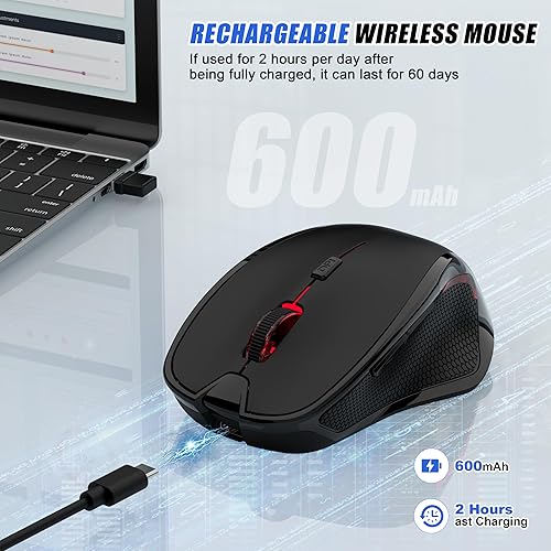 Miniatura 5 de Mouse inalámbrico Bluetooth para Mac Pro MacBook, mouse ergonómico recargable con modo Jiggler, 2 modos Bluetooth 5.23.0 y receptor USB-AUSB-C de