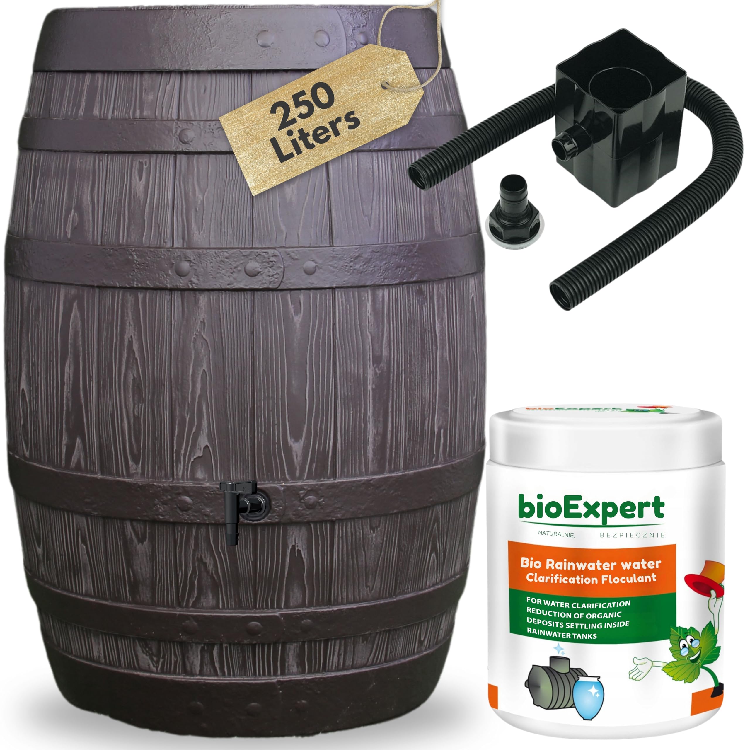 Novecrafto Brown (250L) Rustic Oak Barrel Appearance Water Butt Kit With Tap, Diverter And Bio Cleaner - 250L Plastic Rain Water Collector For Garden - H36.61 X D25.6 In (93X65cm) With Faux Wood Texture In Brown