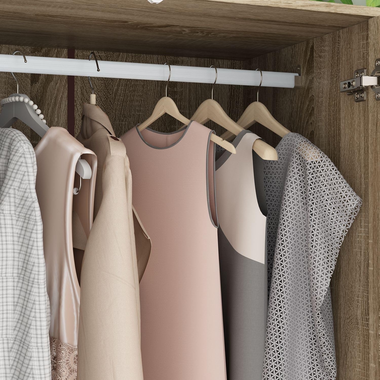 MOUMON 4 Rattan Door Wardrobe with Shelves and Drawers, Armoire Wardrobe with 2 Clothing Rods, Closet for Bedroom Oak 19“D x 59”W x 70.9”H