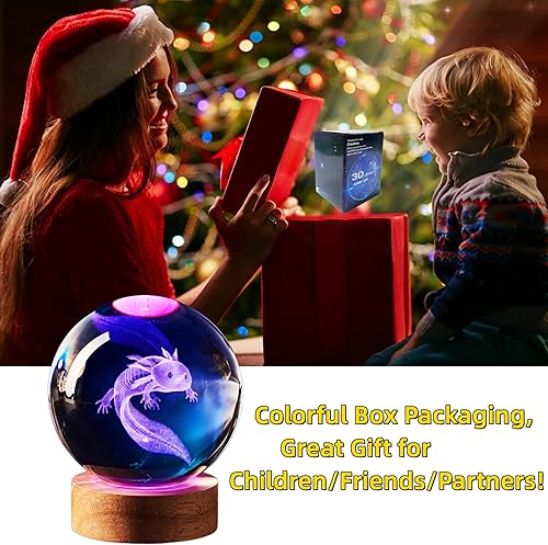 Miniatura 5 de Lámpara de ajolote, lámpara de bola de cristal de ajolote de 3.15 pulgadas, luz nocturna de bola de cristal de ajolote 3D K9 mejorada con base de