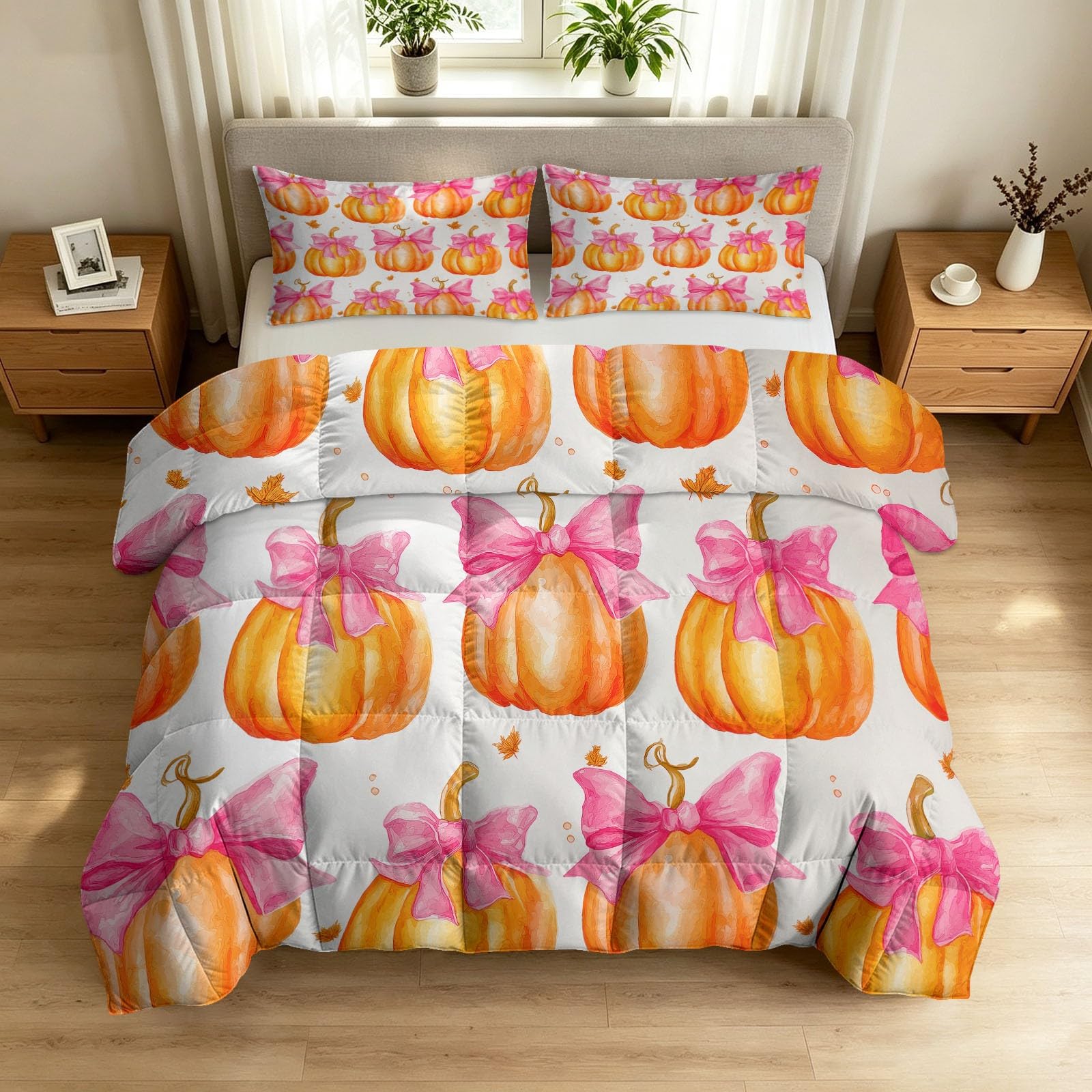 Piumino 4 stagioni, 200 x 200 cm, motivo Halloween, zucca, fiocco, foglia d'acero, caldo, senza rivestimento, anallergico e lavabile, con 2 federe da 80 x 80 cm