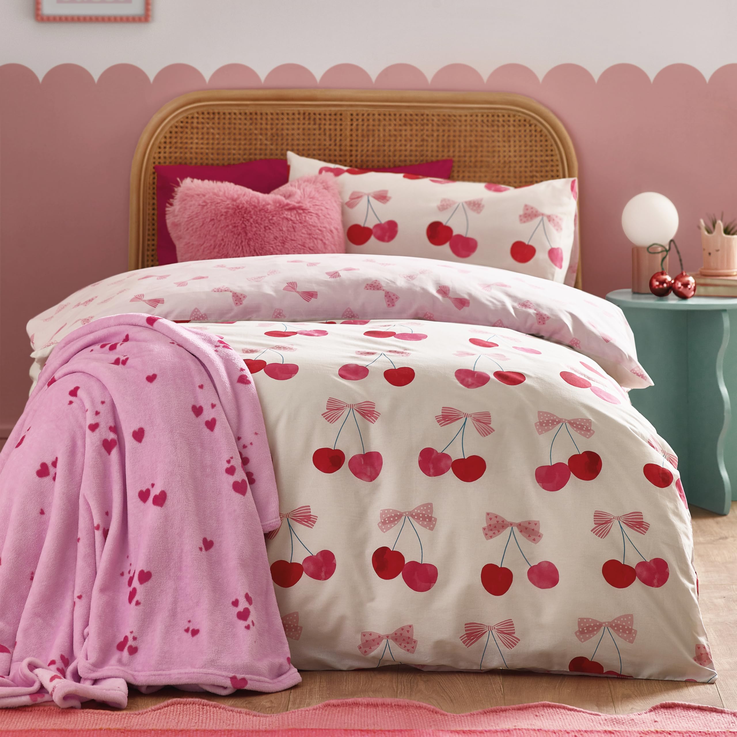 Catherine Lansfield Cherries and Bows Reversible Single Duvet Cover Set with Pillowcase Pink