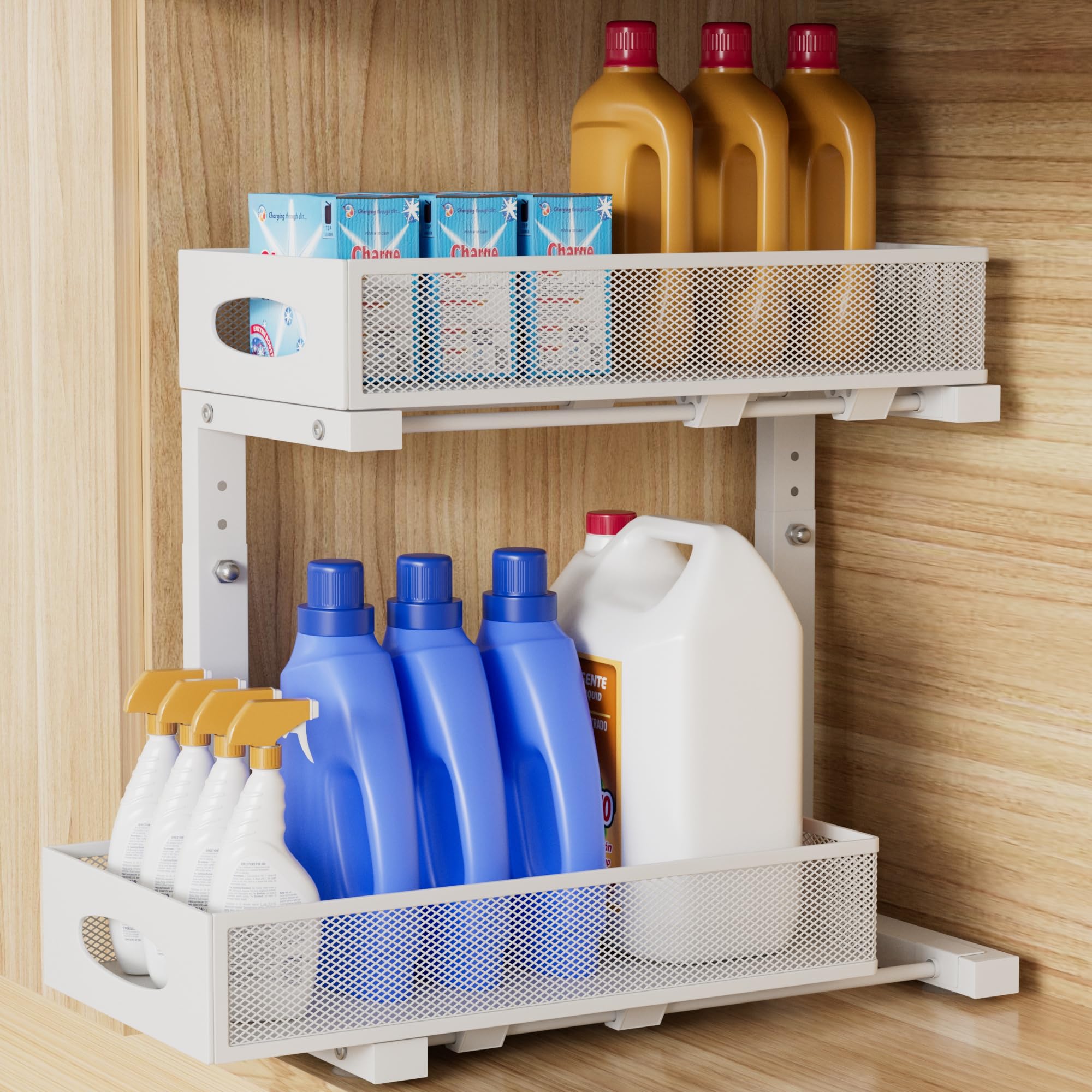 Organizer da sotto il lavandino, grande organizer estraibile per cassetti, organizer per cassetti scorrevoli, organizer in metallo, ripiani regolabili in altezza per dispensa da cucina (bianco, 2