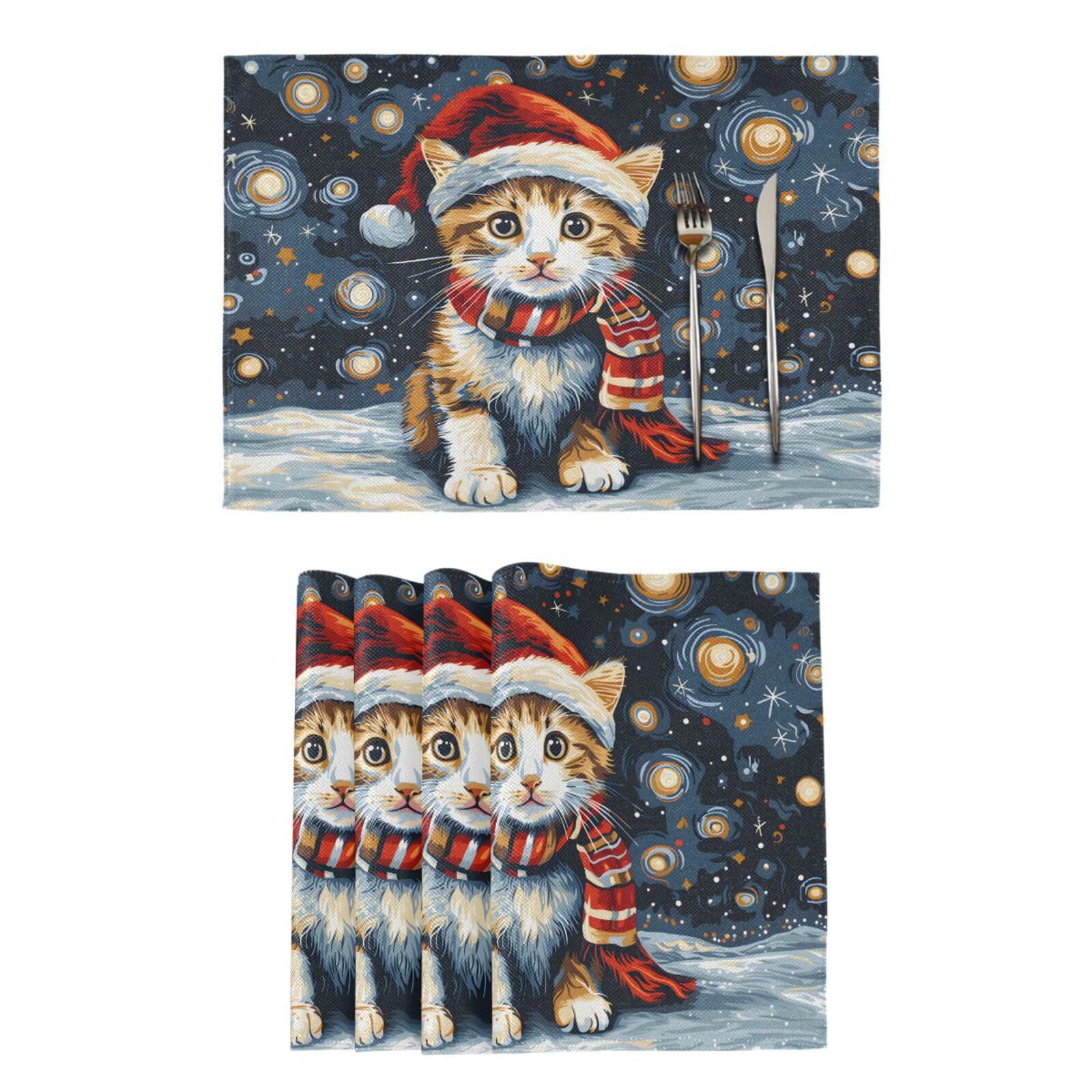 Christmas Placemats Set of 6 Happy Christmas Cat Santa Claus Hat Placemat Table Place Mats for Dining Kitchen Table Easy to Clean Washable