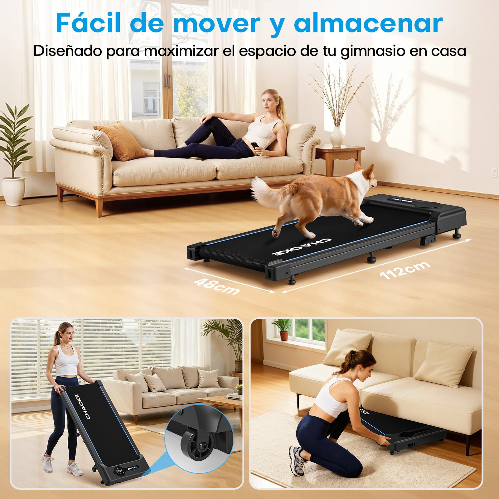 Cinta de Correr CHAOKE Walking Pad con inclinación del 9%, Cinta de Correr bajo Escritorio a 10 km/h, Motor silencioso de 2,75 CV, Capacidad máxima de 150 kg, con 12 programas HIIT y Control Remoto