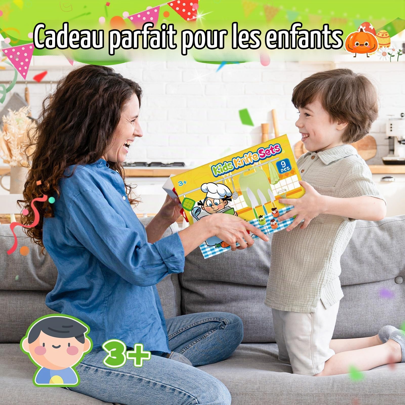 Couteaux pour Enfants,9 pièces,dès 2 Ans,Coffret de Couteaux de Cuisine de Chef avec Coupe-légumes,idéal pour Noël ou Un Anniversaire (Vert)