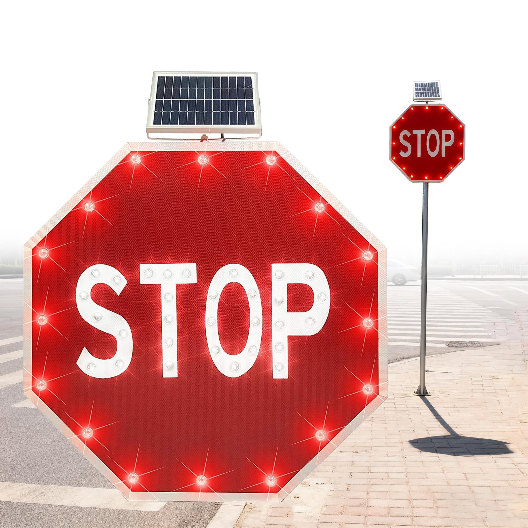 Señales de tráfico intermitentes de energía solar de 30 pulgadas, señales de tráfico iluminadas por LED con película reflectante de grado de ingeniería para obras de construcción y carreteras