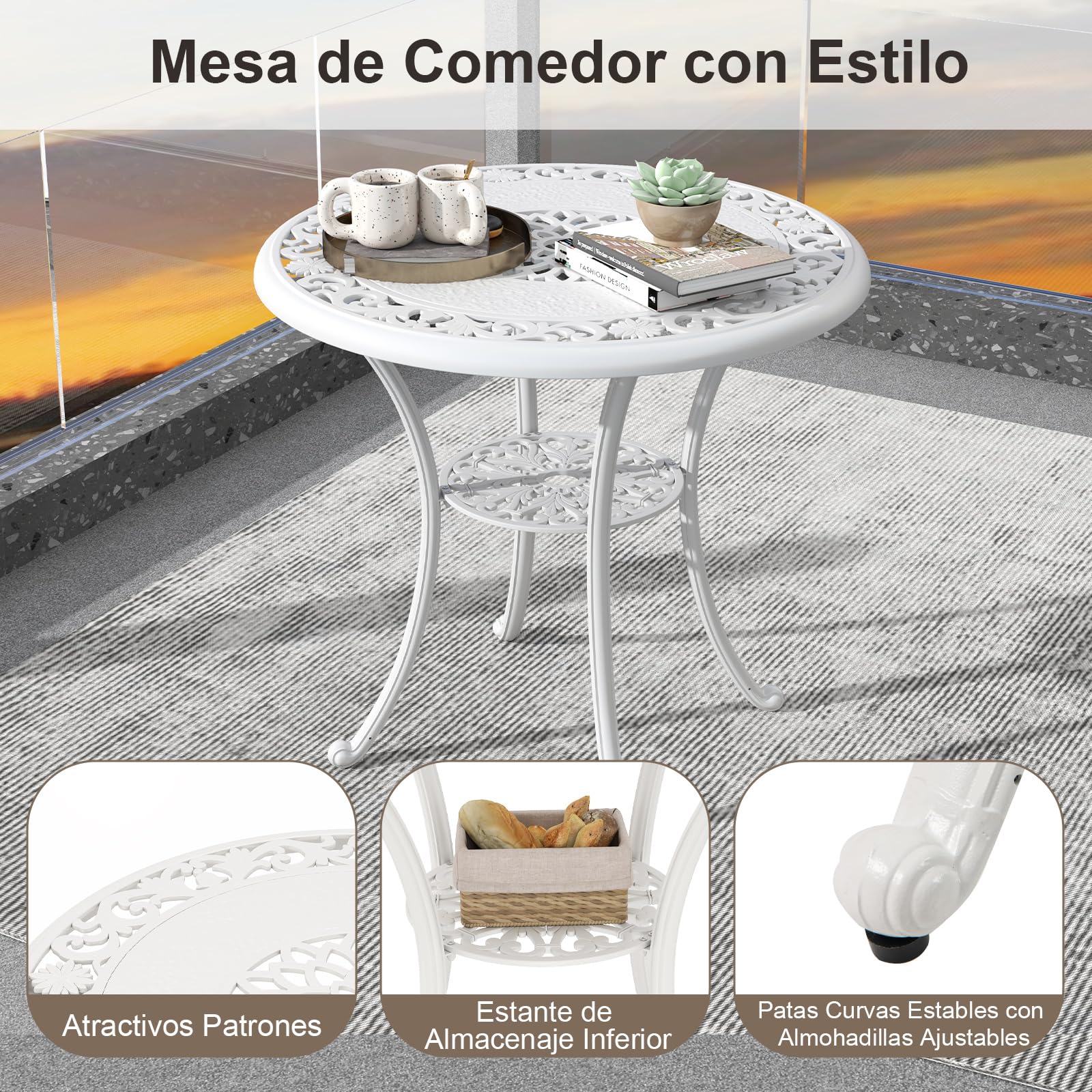 COSTWAY Mesa y Sillas Bistro, Aluminio Fundido, 1 Mesa con Orificio para Sombrilla y 4 Sillas, Conjunto Mesa y Sillas Jardin Balcon Terraza (Floral)