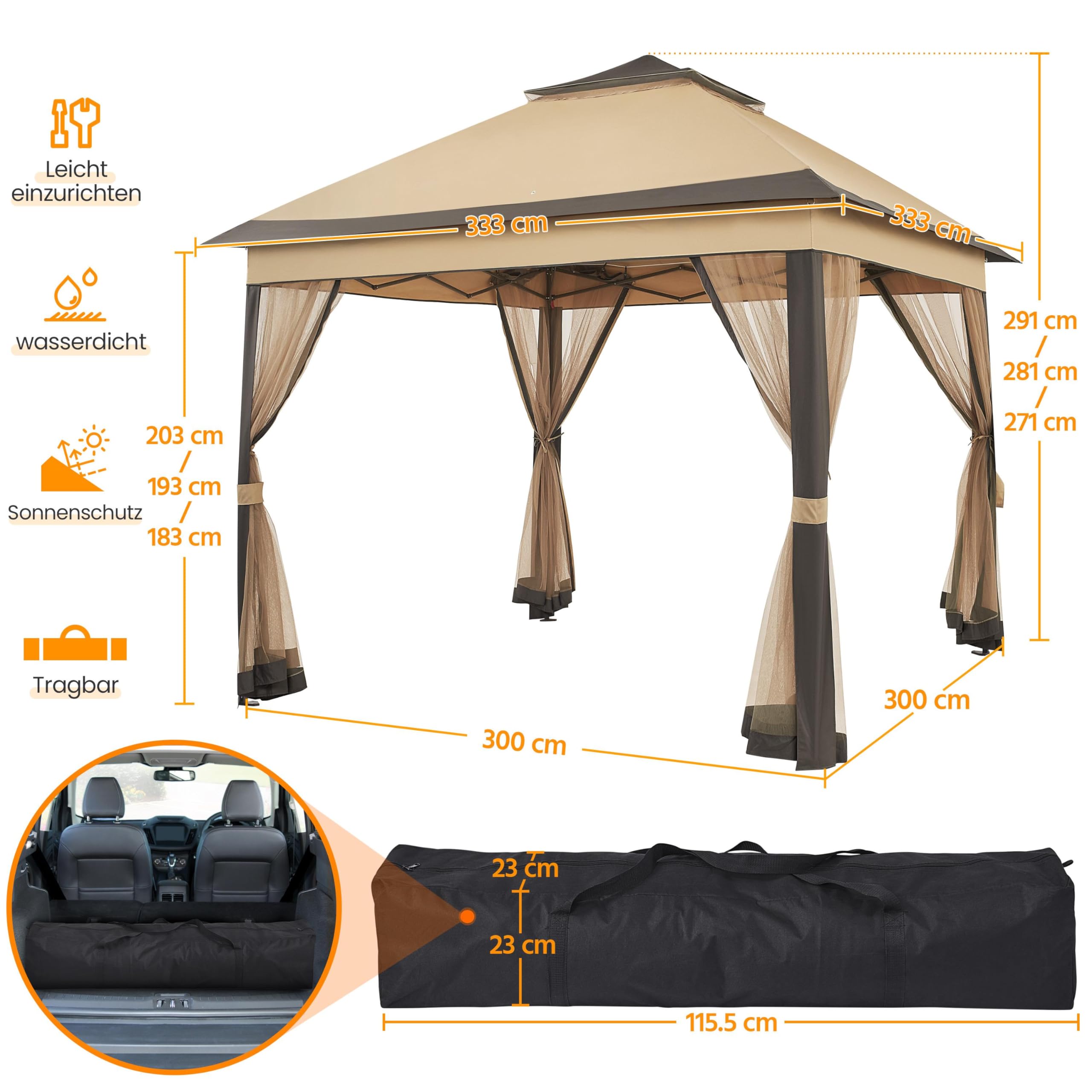 Yaheetech Pavillon 3,3x3,3m Wasserdicht Stabil Pop Up Faltpavillon, Höhenverstellbar Gartenpavillon mit 4 Moskitonetz Seitenteilen & Doppeldach Partyzelt inkl. Tragetasche, Khaki+Braun