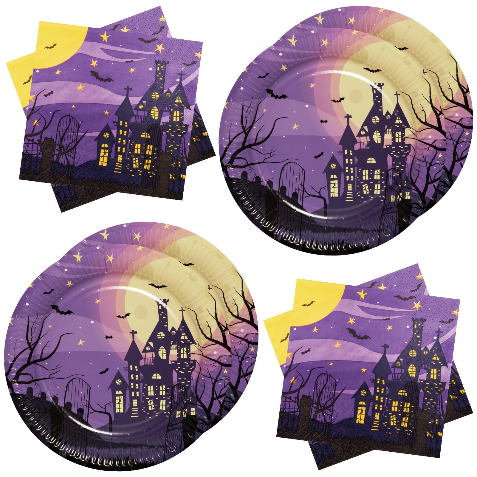 BFB Halloween Party Paper Plates and Napkins Set Haunted House 40 Pieces Purple Disposable Tableware Party Supplies