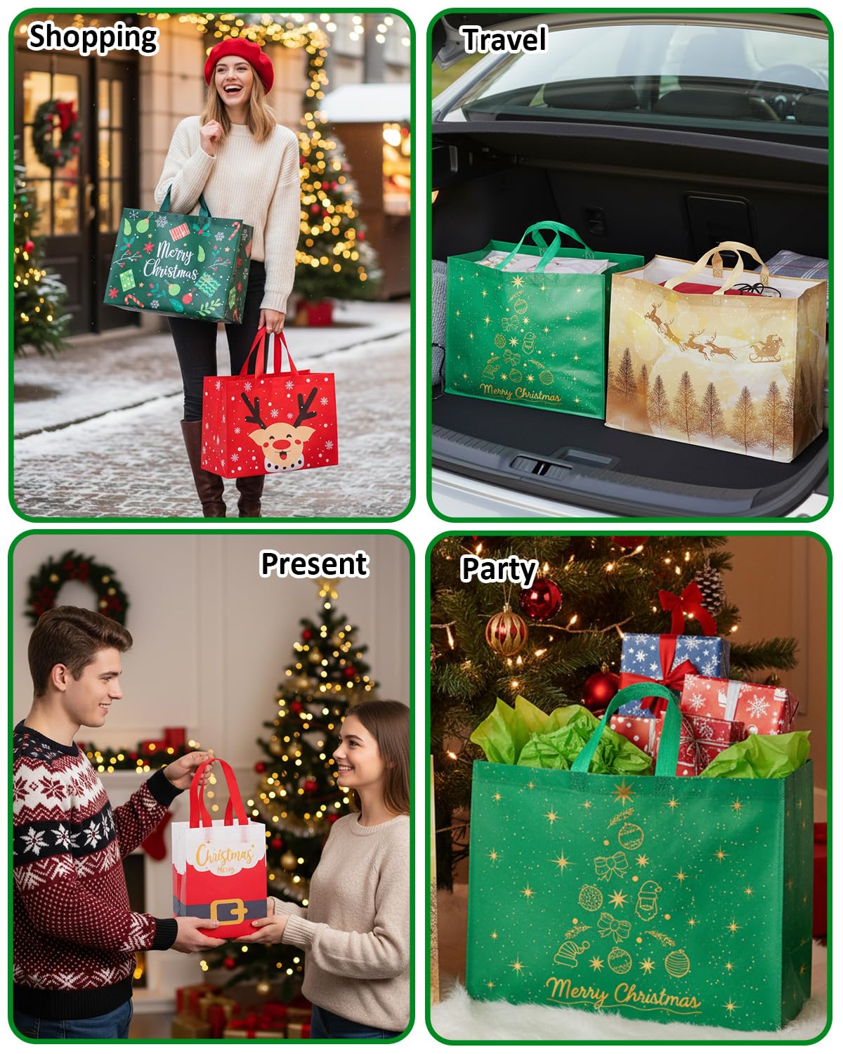 Confezione da 16 sacchetti regalo natalizi di dimensioni assortite, riutilizzabili, resistenti, con manici, 4 extra large, 8 grandi, 4 piccoli, sacchetti natalizi in tessuto non tessuto per regali