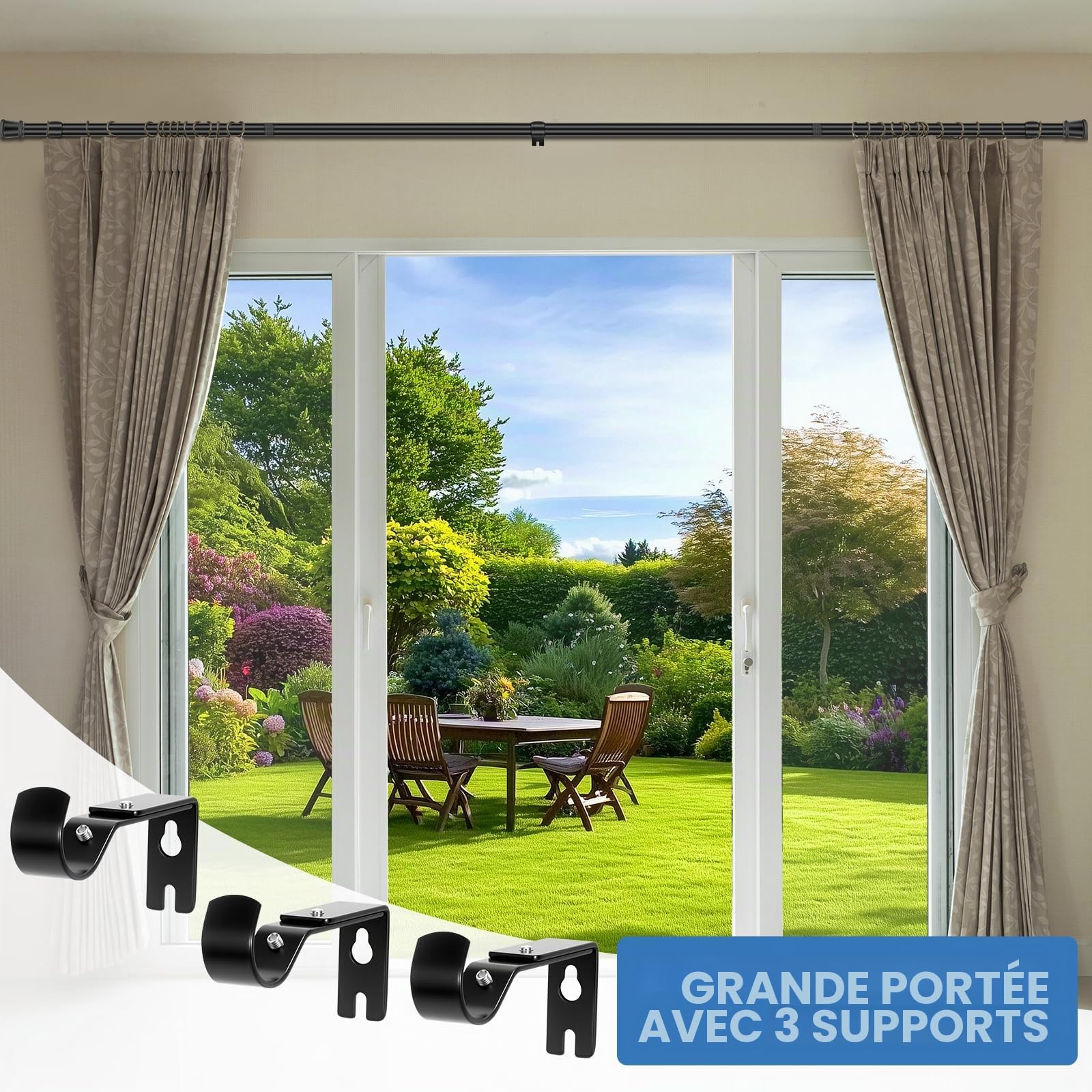 Tringles à rideaux robustes pour fenêtres 80 cm - 231 cm, ensemble de tringles ajustables de 2,54 cm avec supports, tringle métallique pour rideaux pour chambre, cuisine, salon 25LMG91BLK