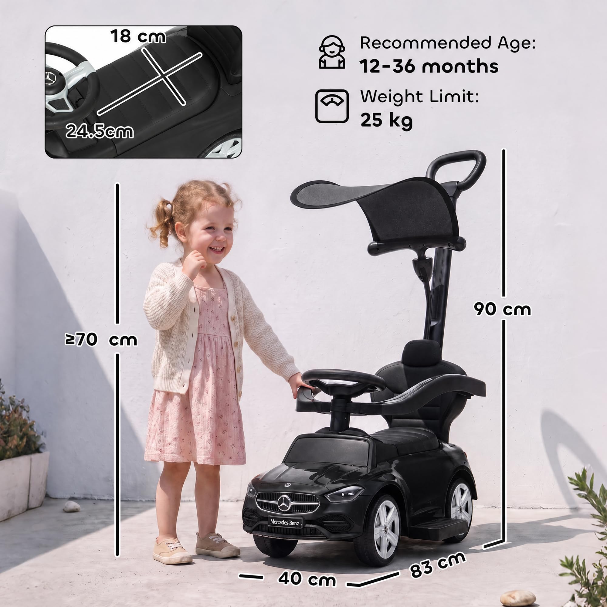 AIYAPLAY jeździk-pchacz 3 w 1 dla dzieci, na licencji Mercedes-Benz, z rączką do pchania, daszkiem, barierkami, klaksonem, muzyką i schowkiem, 12-36 miesięcy, czarny