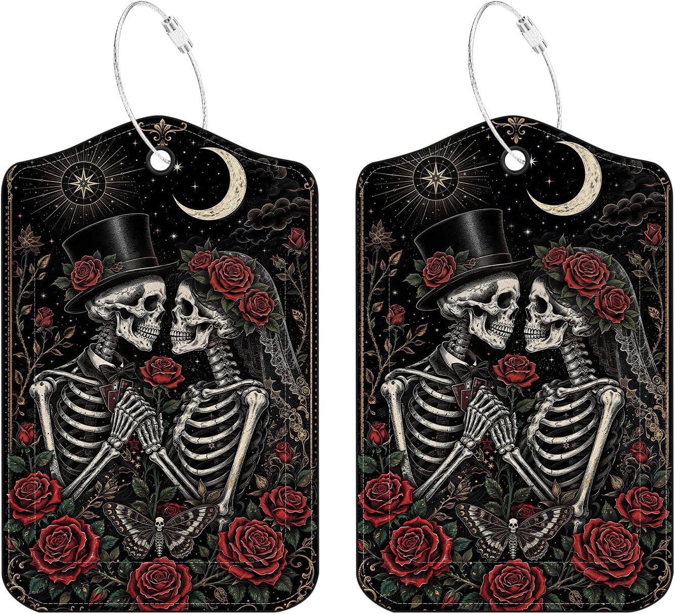 Gothic Skeleton Luggage Tags 2 Pack, PU Leather Privacy Cover