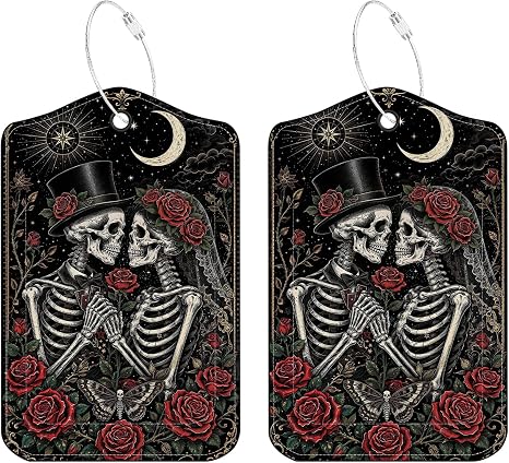 Gothic Skeleton Luggage Tags 2 Pack, PU Leather Privacy Cover