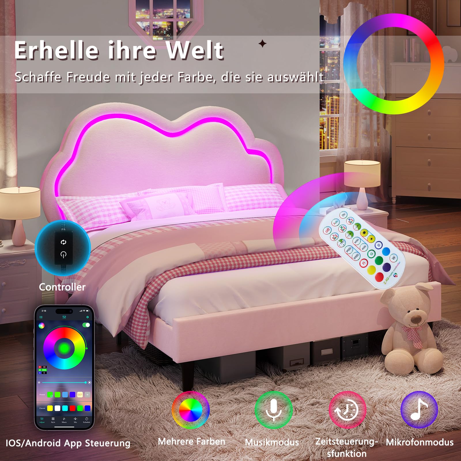 LUXOAK Lit Enfant Fille Tête Nuage Velours, Rose, 140 × 200 cm