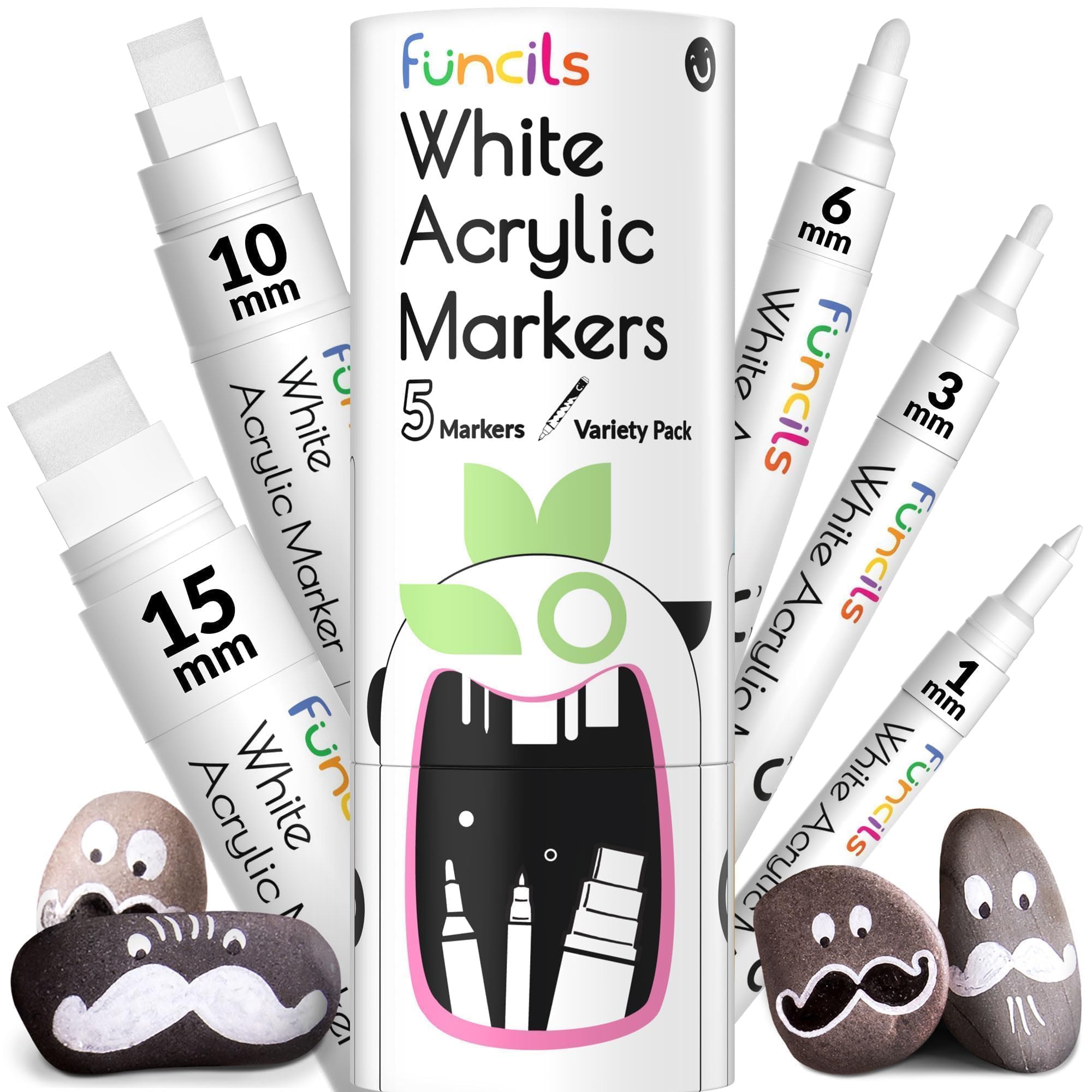 5 Acrylic White Paint Pens - Fine & Jumbo Size Ink Pens (1mm, 3mm, 6mm, 10mm, 15mm) - Permanent White Marker Ink for Rock Painting, Fabric, Tire, Metal, Wood, Canvas, Glass, Plastic, Ceramic