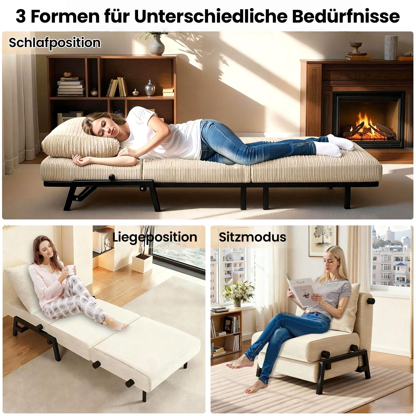 Generisch Schlafsofa Klappbar, 1-Sitzer Sofa mit Schlaffunktion, Kordsamt | Wandelbarer Schlafcouch mit Kissen, Metallrahmen, Einzelsessel für Kleine Wohnzimmer Schlafzimmer Gästezimmer