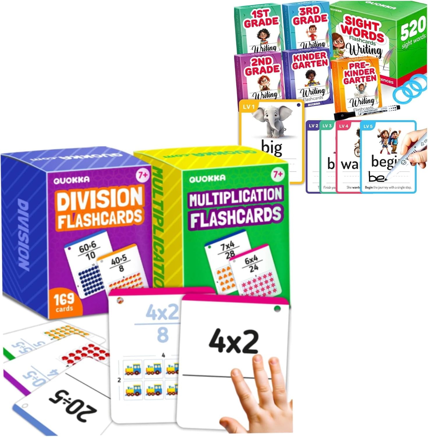 QUOKKA Multiplication and Division Flash Cards and Sight Words Writing Flashcards Set