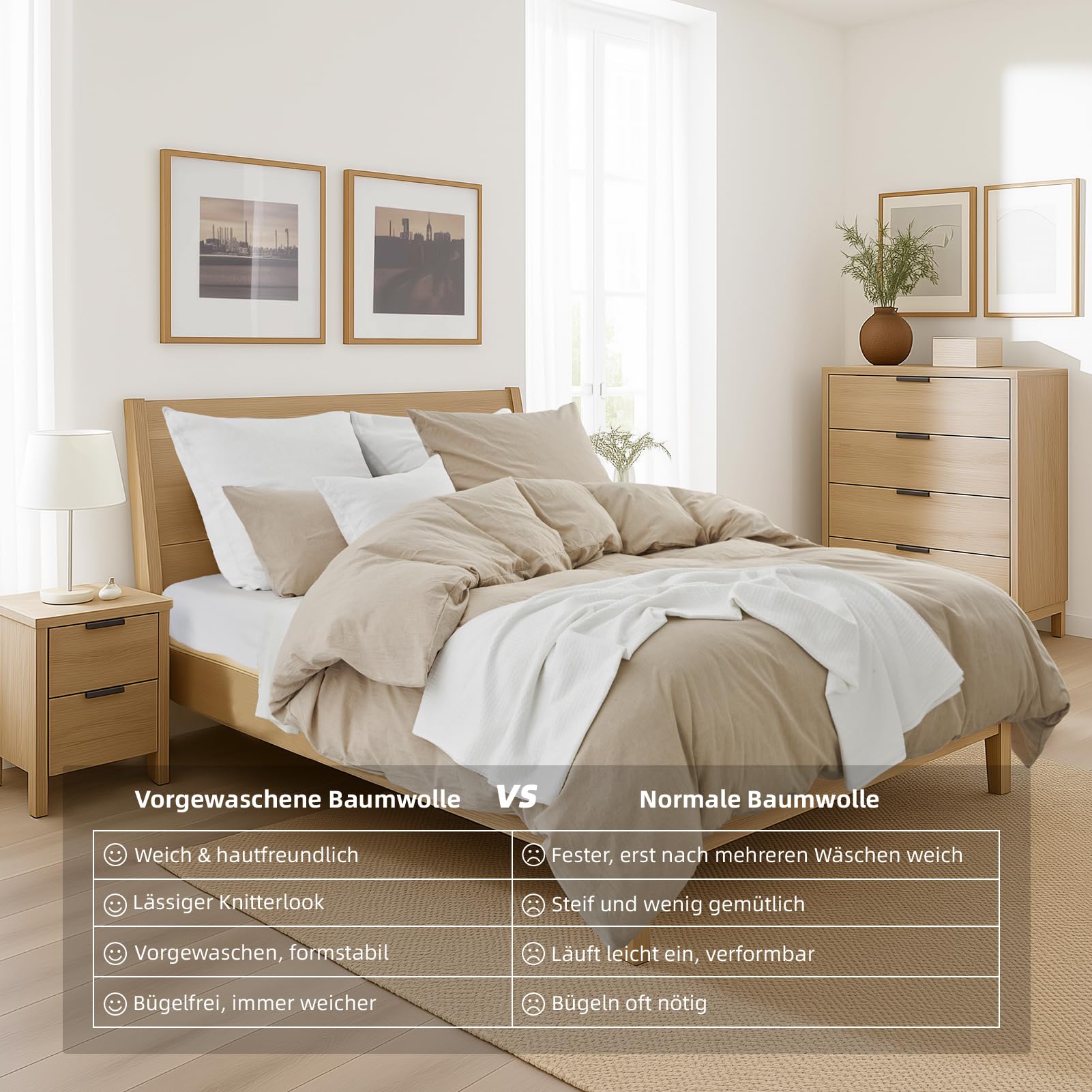 Bettwäsche 135x200 Baumwolle 4teilig Beige Superweiche 100% Vorgewaschene Baumwolle mit Leinenstruktur ÖKO-TEX Bettwäsche 4teilig 2 Bettbezüge 135x200+2 Kissenbezüge 80x80 mit Reißverschluss