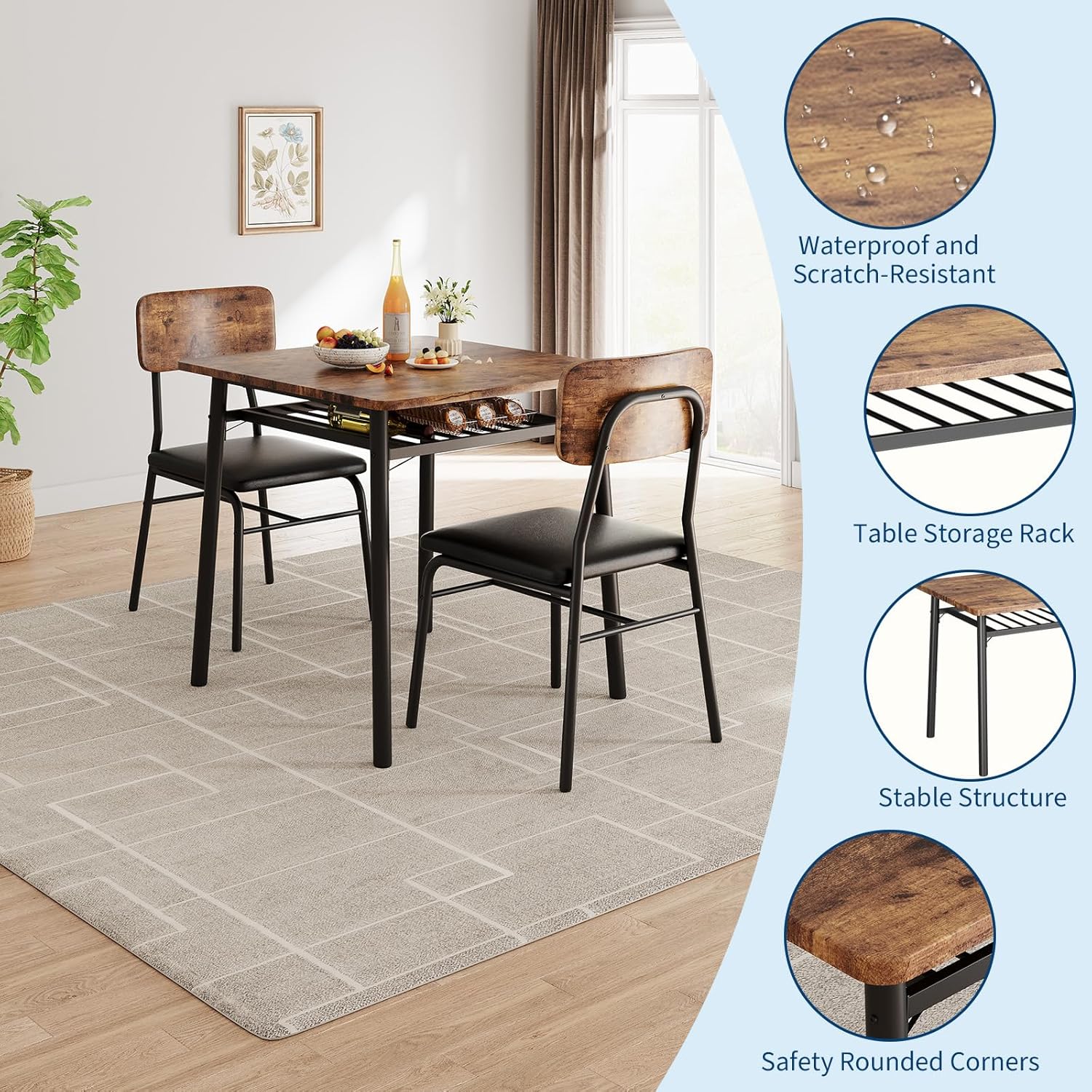 GAOMON Dining Table Set for 2, Wood Kitchen Table with 2 Upholstered Chairs and Built-in Storage Rack, Metal Legs, for Small Spaces, Dining Room, Living Room, Brown