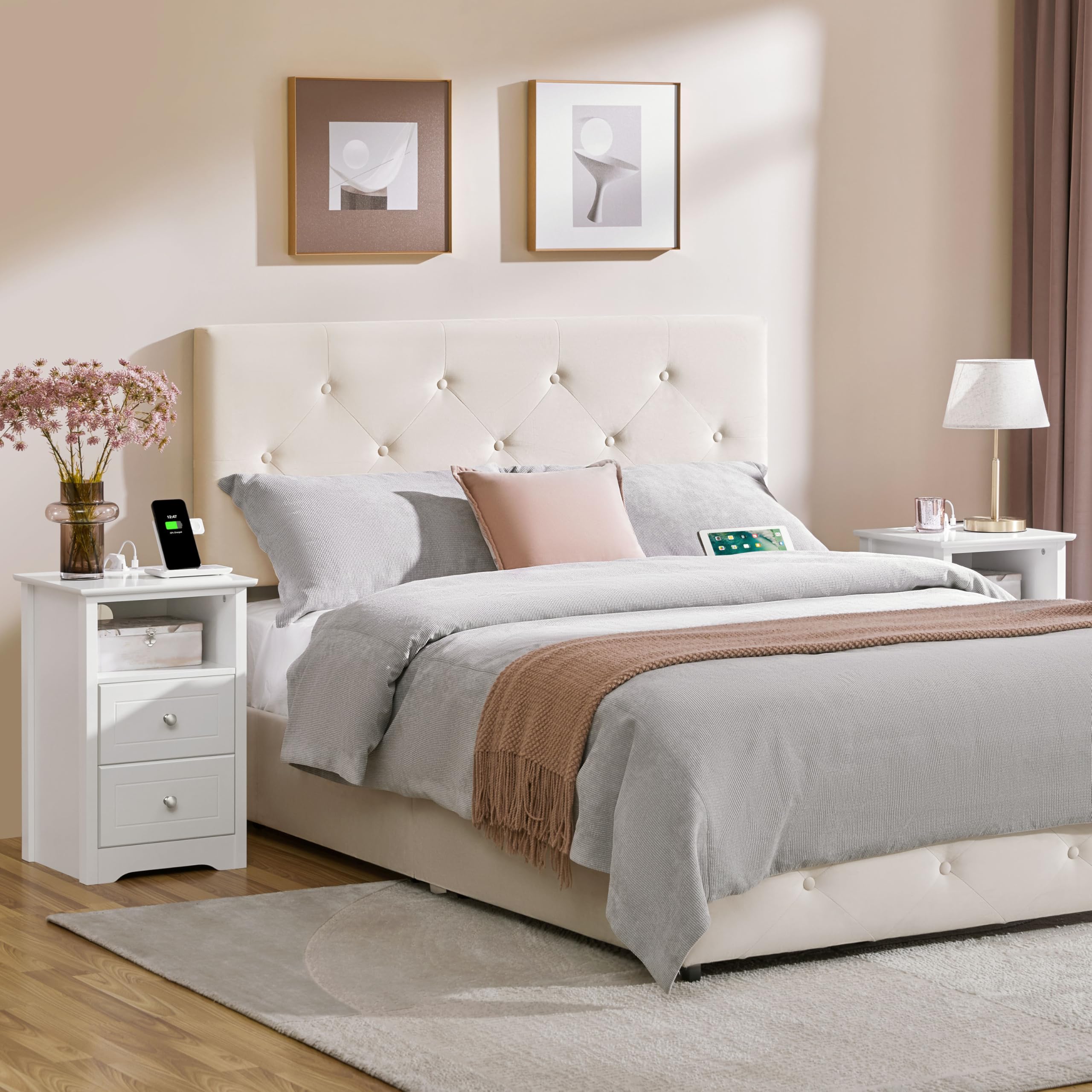 Yaheetech Comodino Camera da Letto con Stazione di Ricarica 2 Porte USB e 2 Prese AC Comodino Smart con 2 Cassetti e Scomparto Tavolino Laterale da Divano per Soggiorno (2)