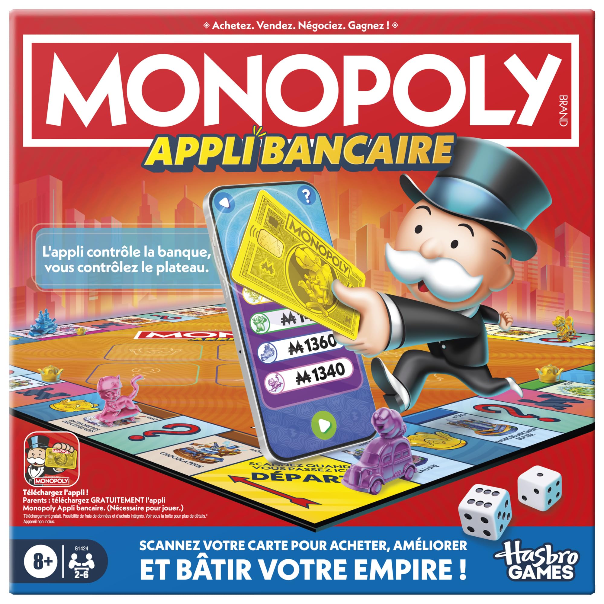 Monopoly Bank-App, Brettspiel – Französische Version, elektronisches Gesellschaftsspiel für Familie und Kinder, mit interaktiver Bankkarte und Mini-Spielen über kostenlose App, ab 8 Jahren