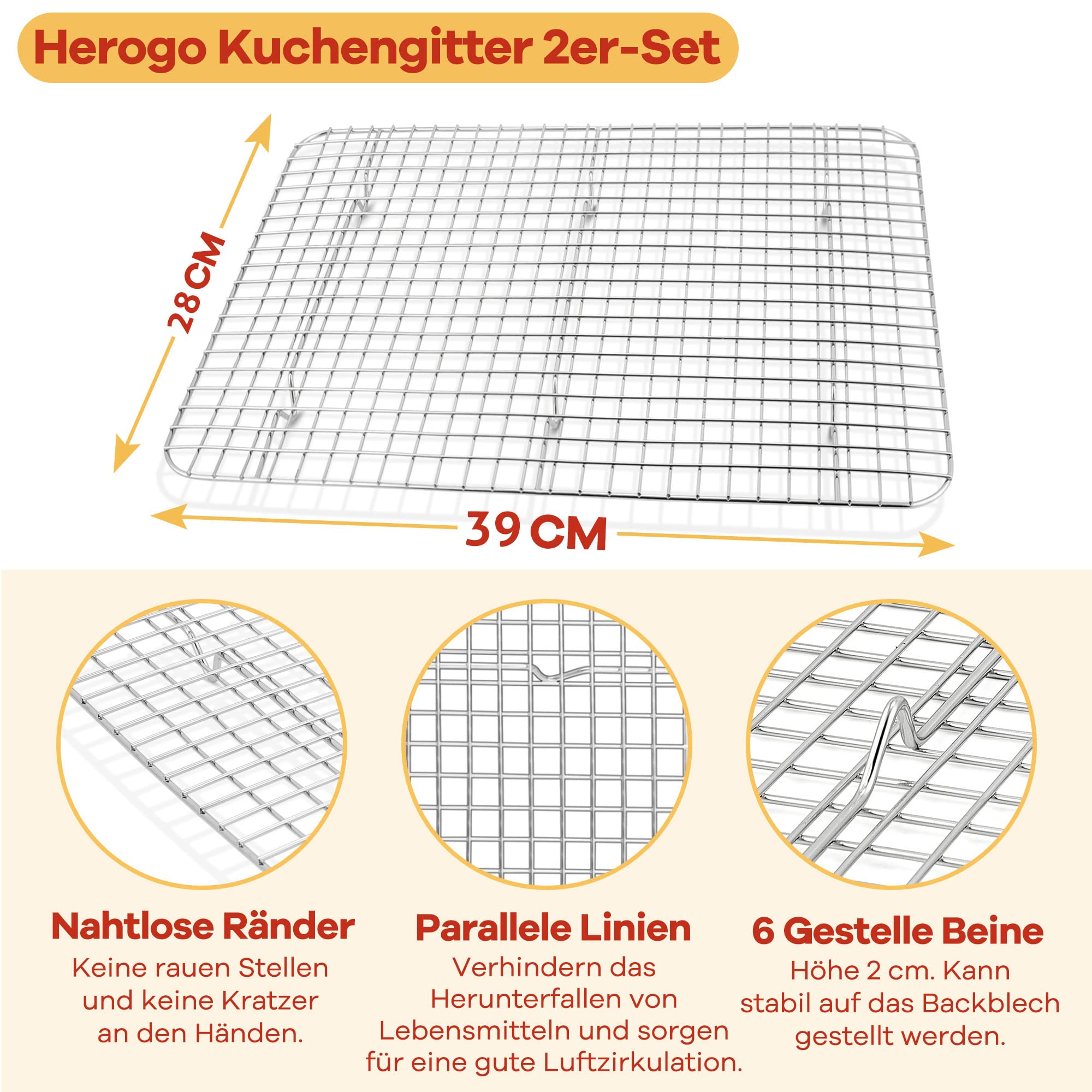 Herogo Grande griglia di raffreddamento in acciaio inox, set da 2 pezzi, 39 x 28 x 2 cm, per grandi teglie da forno, griglia rettangolare per torte, biscotti, carne, pizza, durevole e lavabile in