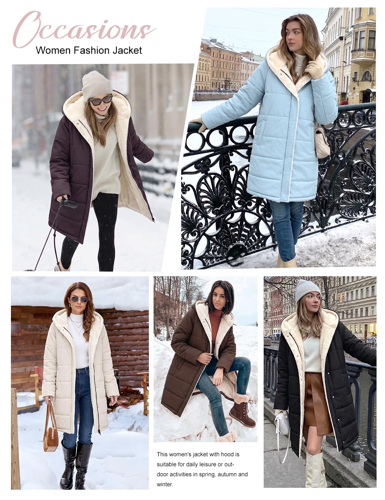 Vancavoo Manteau d’Hiver Femme Mi-Long Matelassé à Capuche Décontracté | Déperlant Parka avec Doublure Polaire Chaude, Capuche Fixe, Zip et Boutons-Pression, 2 Poches Latérales