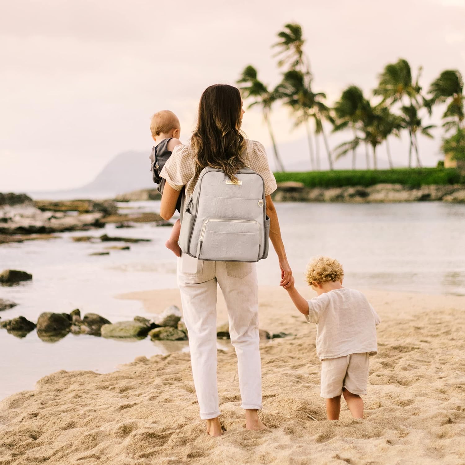 Petunia Pickle Bottom Sync Backpack, Diaper Bag for Parents, Stylish Baby Bag, Spacious Backpack, On-The-Go Moms, Grey Matte Cable Stitch