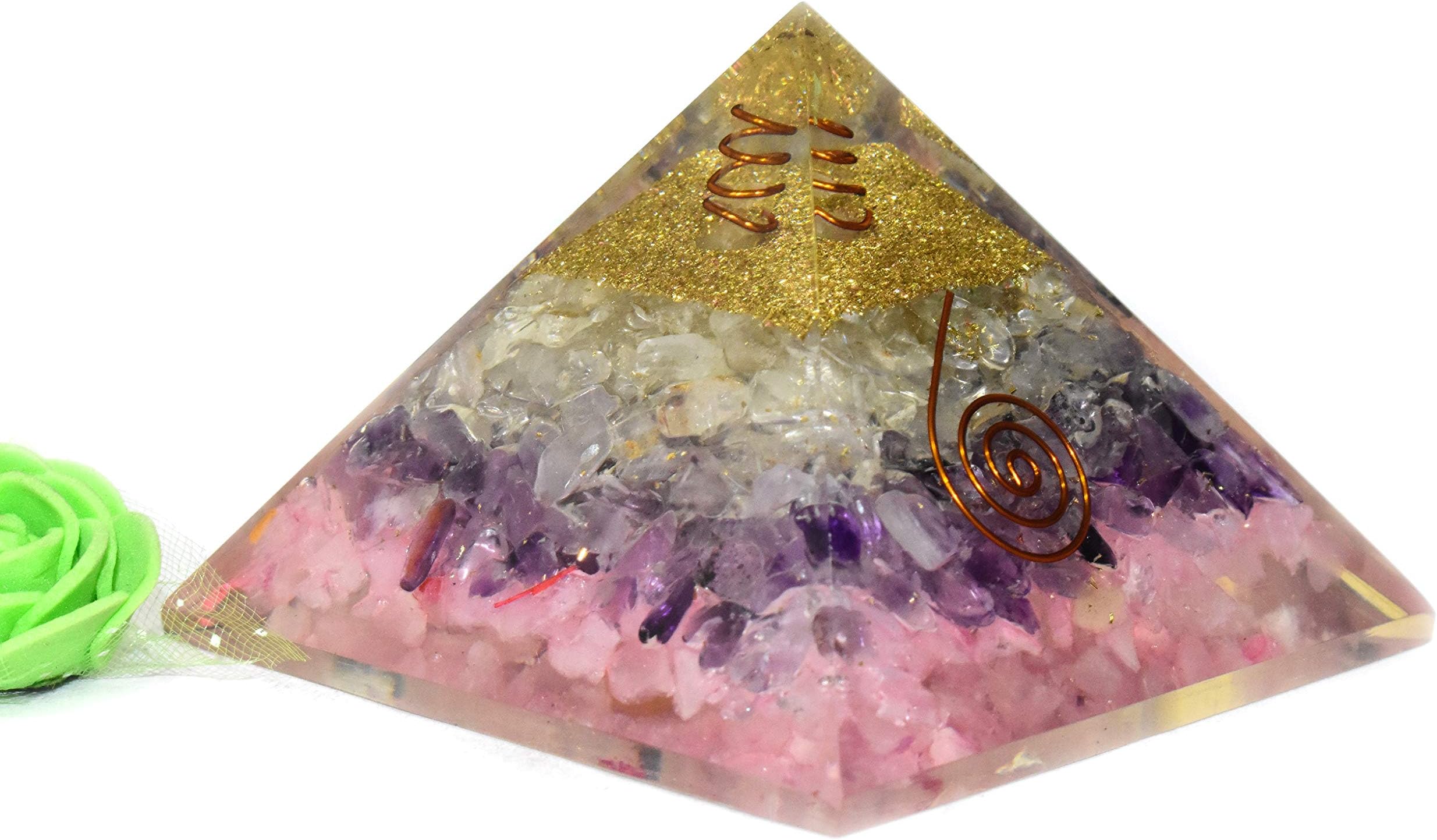 Pyramid Tatva Orgonite Pyramid - Rose Quartz + Amethyst + Clear Quartz Orgonite Size - 3-3.5 inch Natural Chakra Balancing Healing Crystal Stone