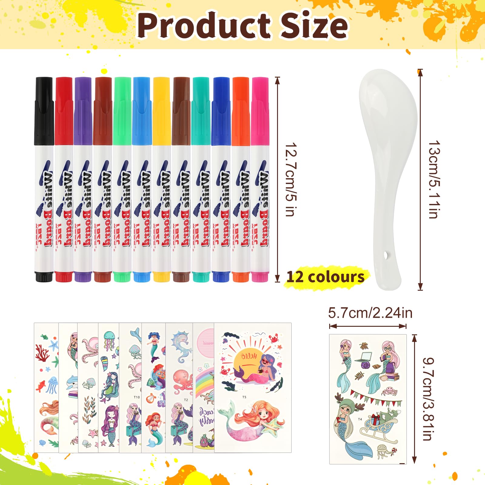 12 sztuk magicznych pisaków do malowania wodnego, magiczne pisaki dla dzieci, magiczne pisaki nadają się do prania, 1 ceramiczna łyżeczka, 10 naklejek do tatuażu syrenki do rysowania, graffiti