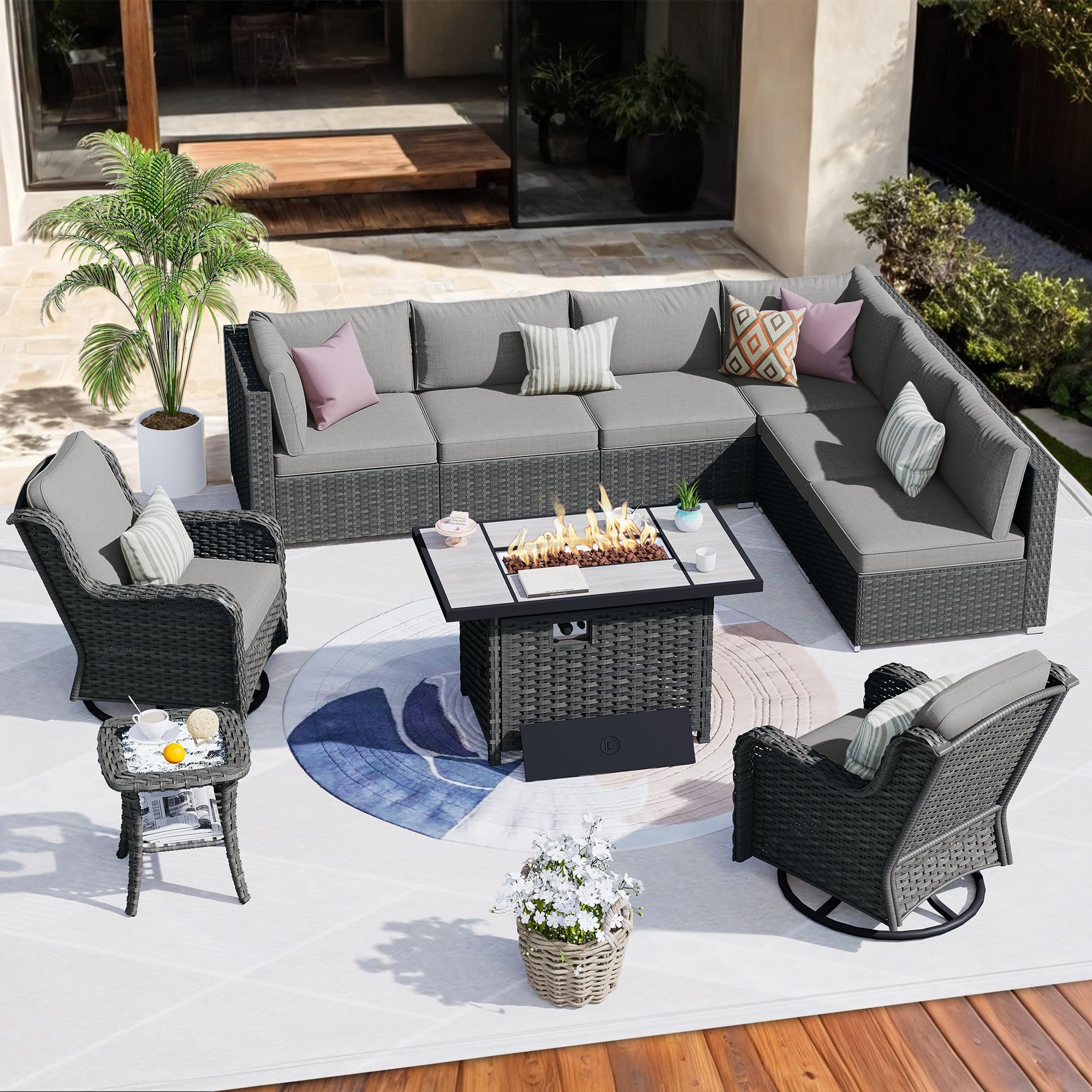 HOOOWOOO Patio Outdoor Sectional Furniture Sofa Set with Fire Pit Table,10 Piece L Shaped Wicker Couch Set with Swivel Chairs,Modern 8 Persons Summer Patio Conversation Set(Charcoal Gray)