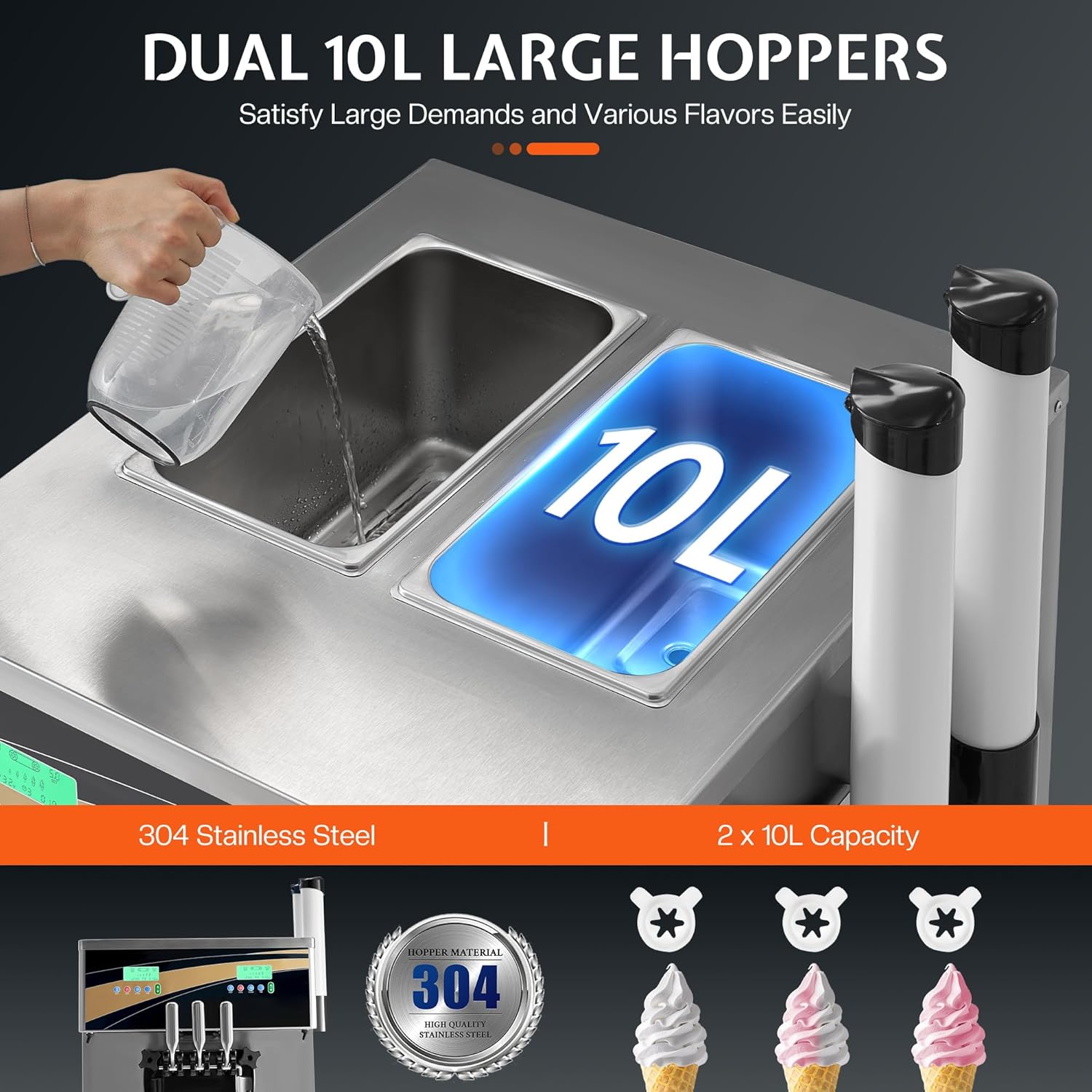 Jocisland 45L/H Commercial Soft Ice Cream Machine, 2900W 3-Flavor Ice Cream Maker, Dual Compressors, 10L*2 Stainless Steel Cylinder, Auto Clean & Pre-Cooling for Restaurants & Bars