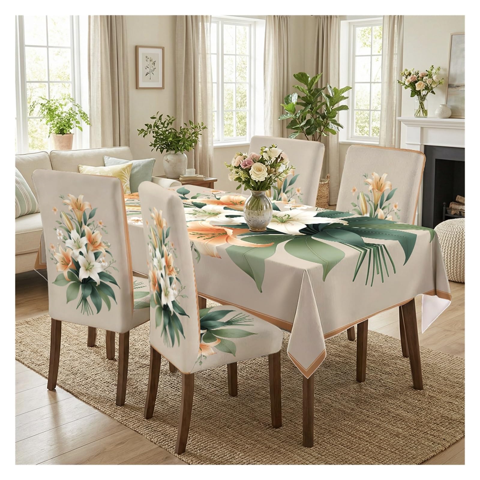 KXUAUV Lily Floral Print Stretch Dining Chair Covers Tablecloth Set, For Kitchen Dining Living Room Elegant Farmhouse Decor, 5/7 Pack Party Decor(5pcs Set: Tablecloth+Chair Covers)