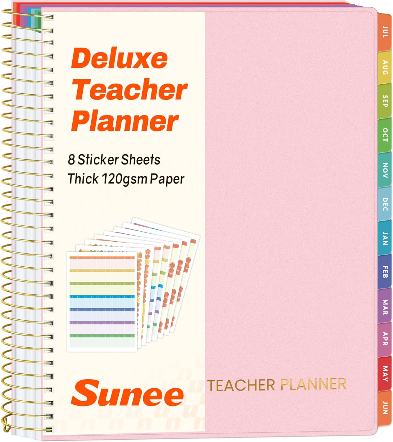 SUNEE Deluxe Teacher Planner 2026-2027, Lesson Planner Book with 7 Periods Jul 2026 - Jun 2027, 8.5" x 11" Daily Weekly and Monthly Organizers with Colorful Tabs, Planning Stickers,120gms Paper, Pink