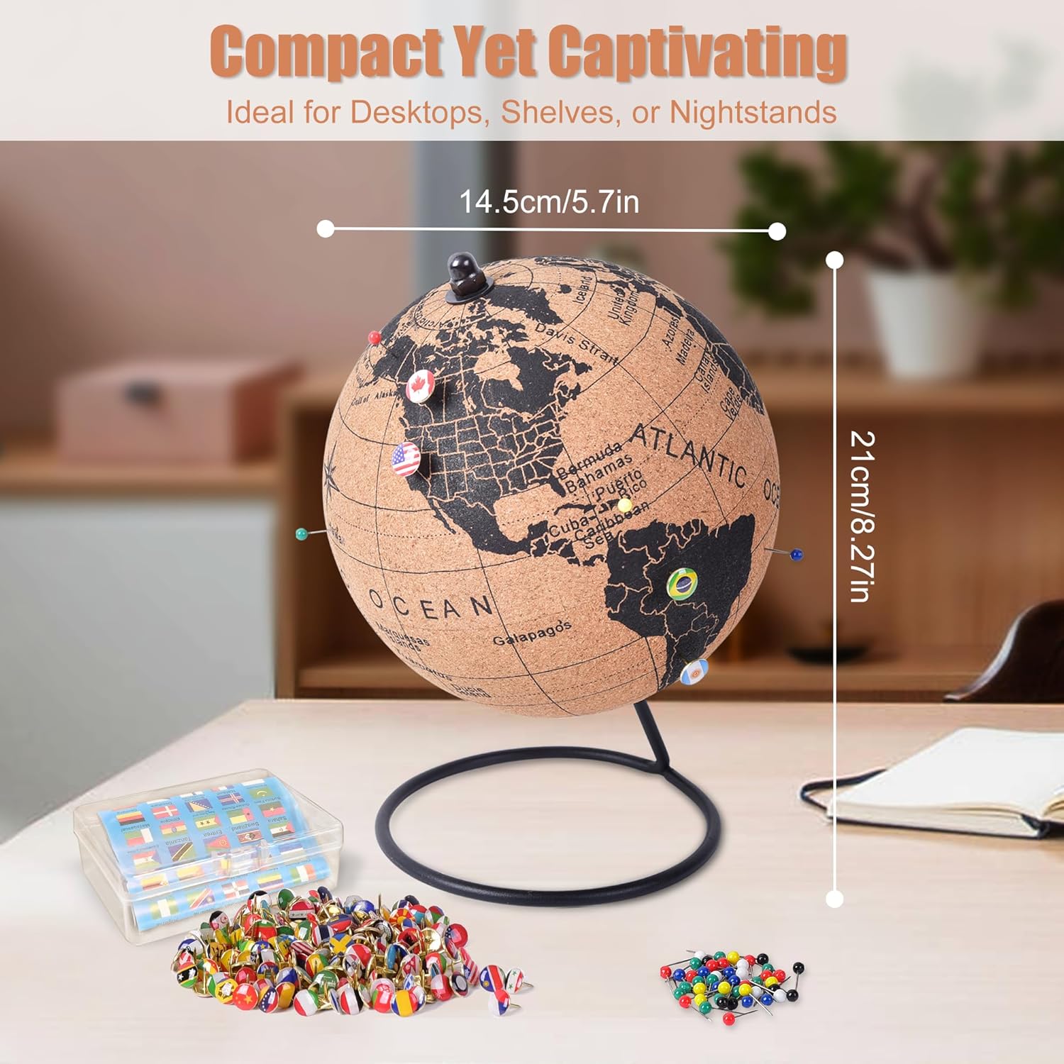 6" Cork Globe with 100 National Flag Pins & 50 Colored Push Pins – Cork World Map with Rotating Stand – Pin Globe for Travel Tracking, Home or Office Decor – Gift for Couples & Families(DH-DQY-145) - Image 2