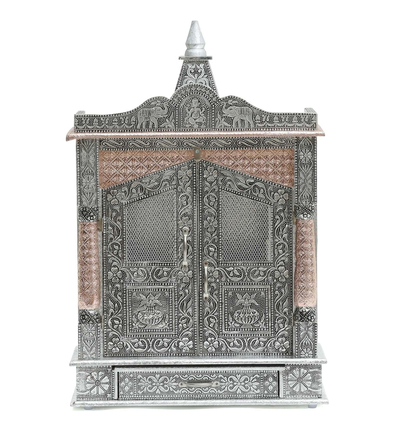 ABHISUBYA Pooja Mandir - Temple for Home Pooja with White Oxidized Plated - Mandir Cabinet for Home - Mandir Shelf - Hindu Mandir for Home Wood - Return Gifts for Housewarming Indian - Indian Decor