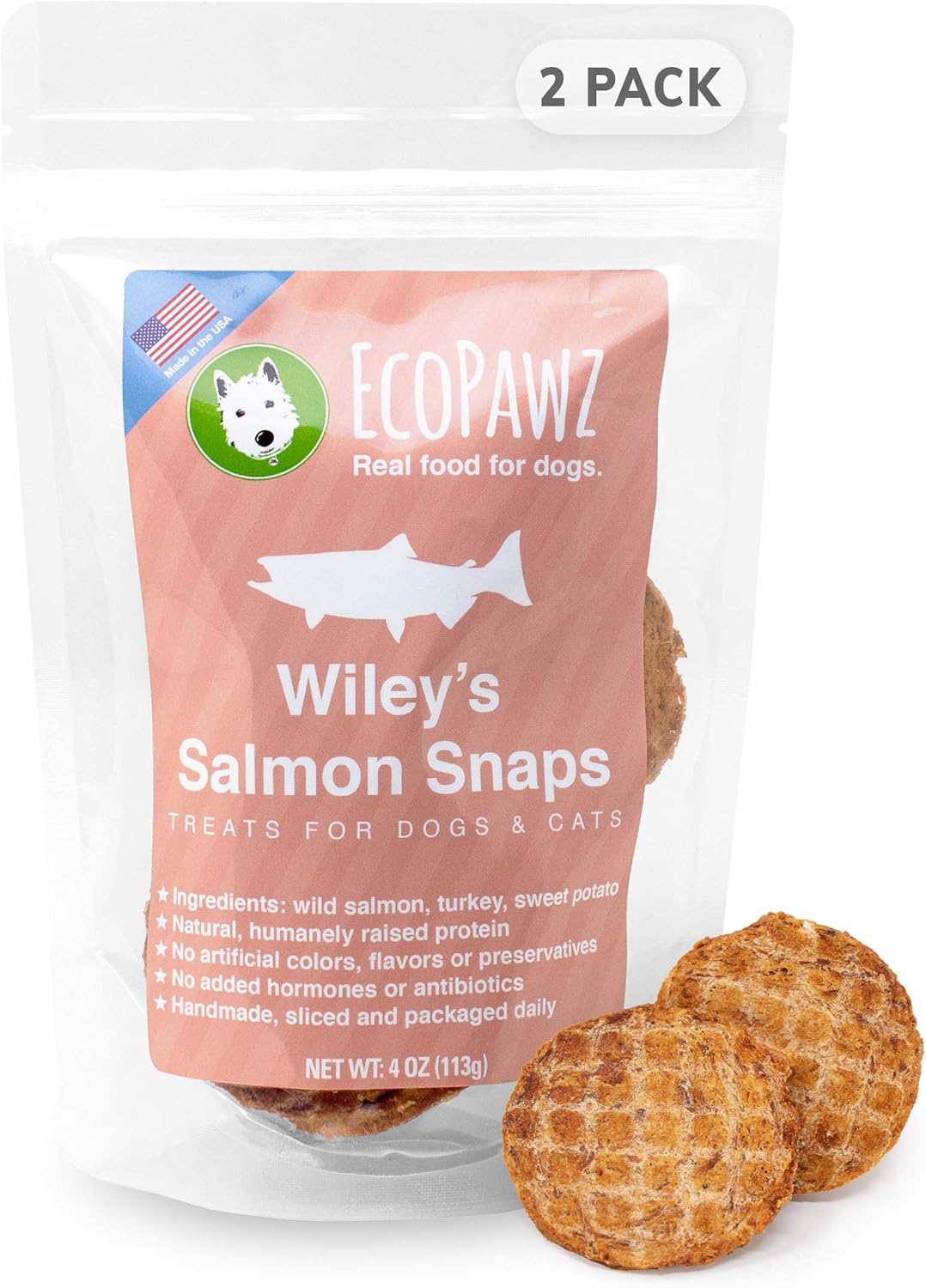 Wiley's Snaps Healthy Dog Treats, All-Natural, Human-Grade Dog Treats Made in the USA (Salmon, 2-Pack 4 oz. Bags)