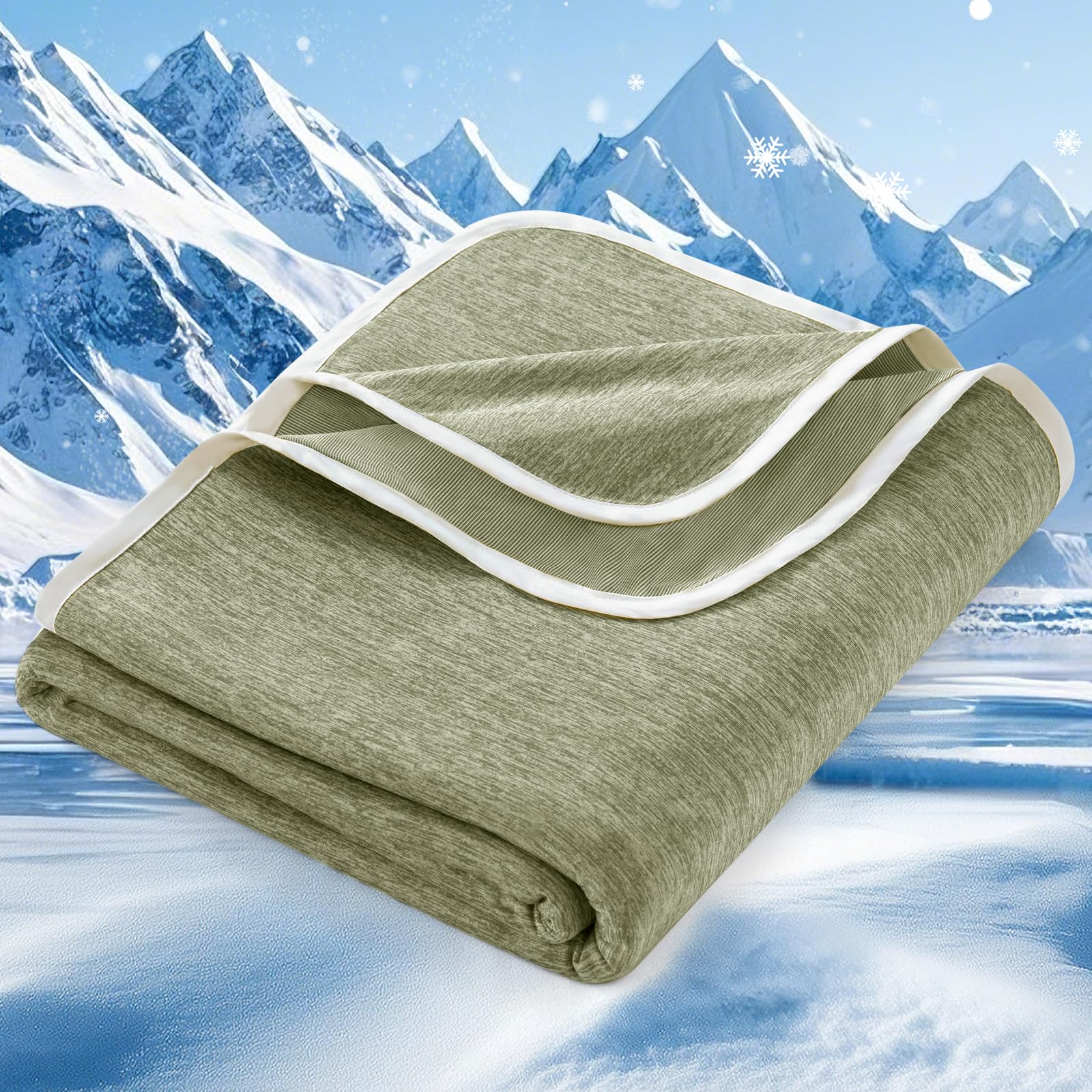 PHF Cooling Blanket King Size 220 x 240 cm, Double-Sided Cooling for Hot Sleepers (Q-Max 0.46+), Lightweight Breathable Summer Blanket for Night Sweats with Rayon Derived from Bamboo, Olive Green
