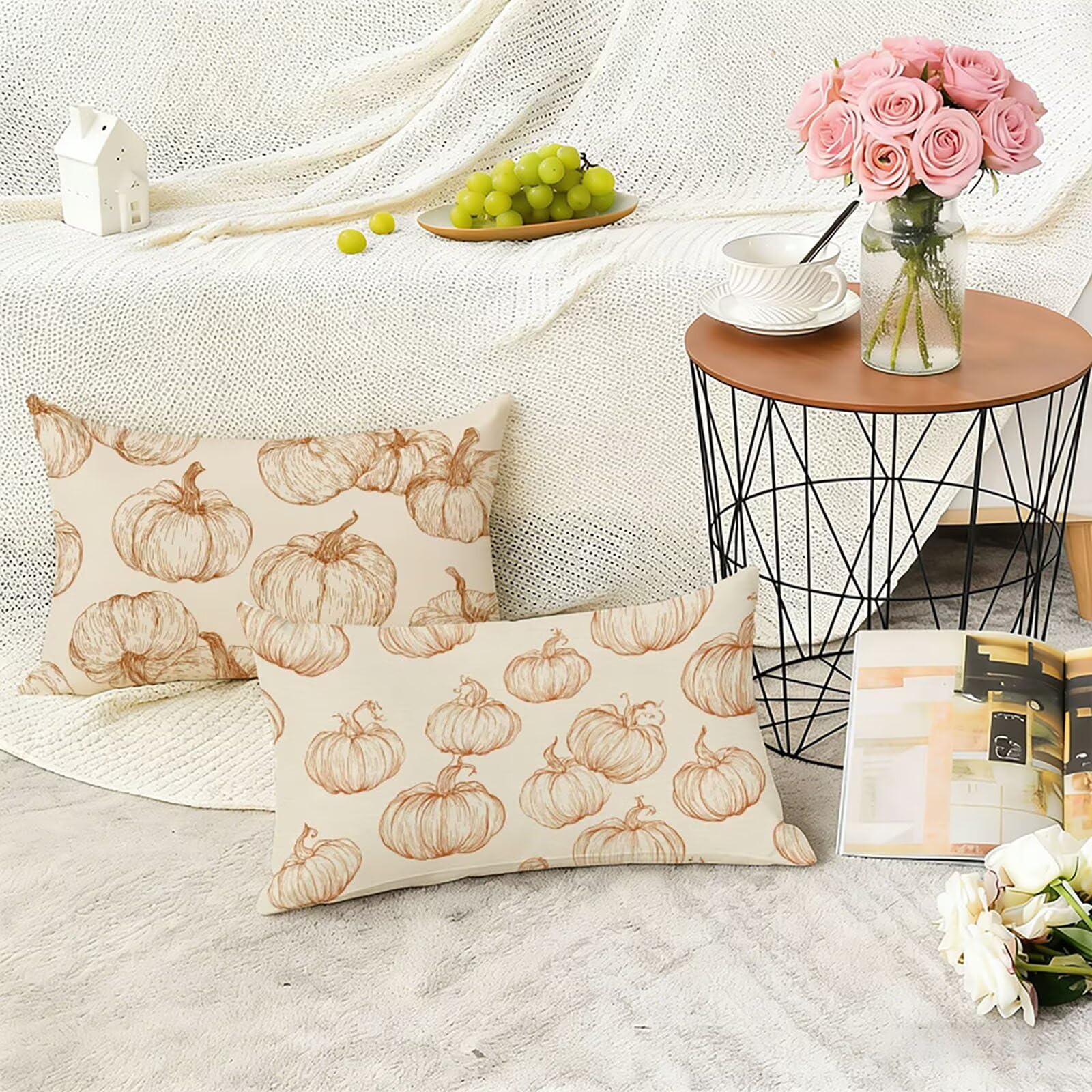 Brązowe poszewki na poduszki 70 x 90 cm poszewka na poduszkę dynia zewnętrzne poszewki na poduszki lniane poszewki na poduszki 2-pak dwustronny nadruk miękkie i oddychające można prać w pralce, do
