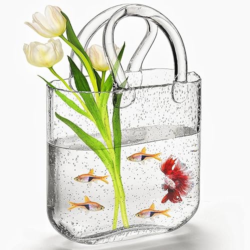 Miniatura 1 de Florero para flores, florero único de vidrio transparente con asa, florero de flores en forma de bolso, jarrón de burbujas de boca ancha para