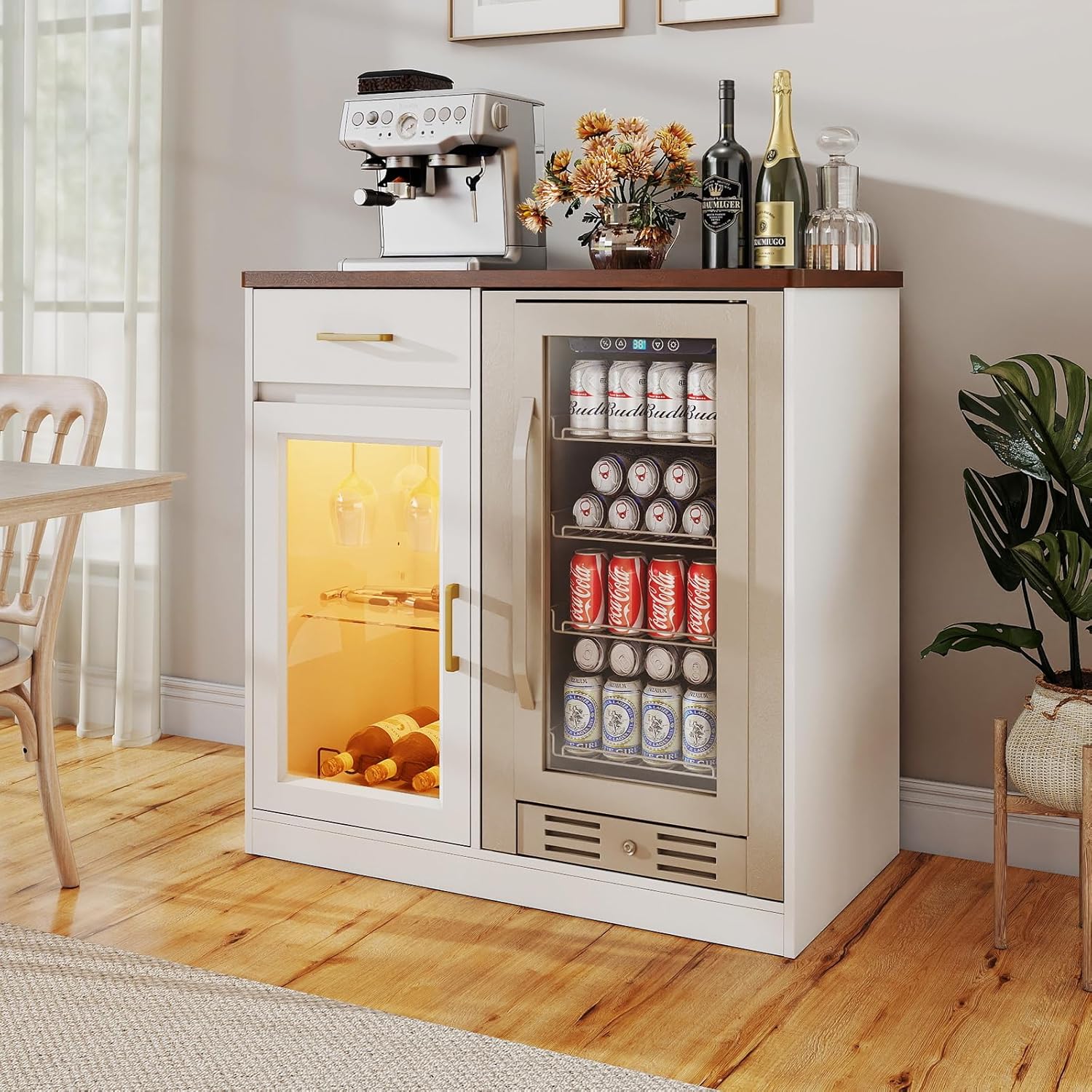 Verano Garden Coffee Bar with Mini Fridge Space, Liquor Cabinet with LED Light & Power Outlet, Coffee Bar Cabinet with Glass Holder, Wine Rack & Drawer, Storage Wine Cabinet for Home, Pub (White)