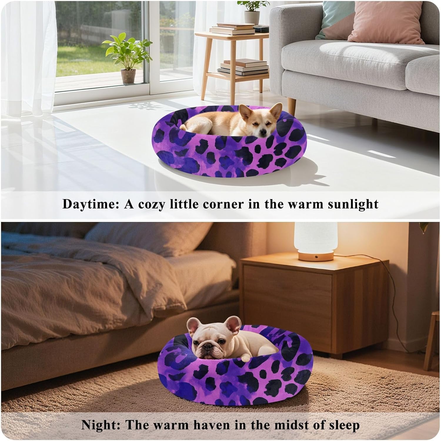 Purple Black Leopard Pet Cat Bed Warm & Cozy Dog Pillow Bed for Medium Size Pets Sleeping M