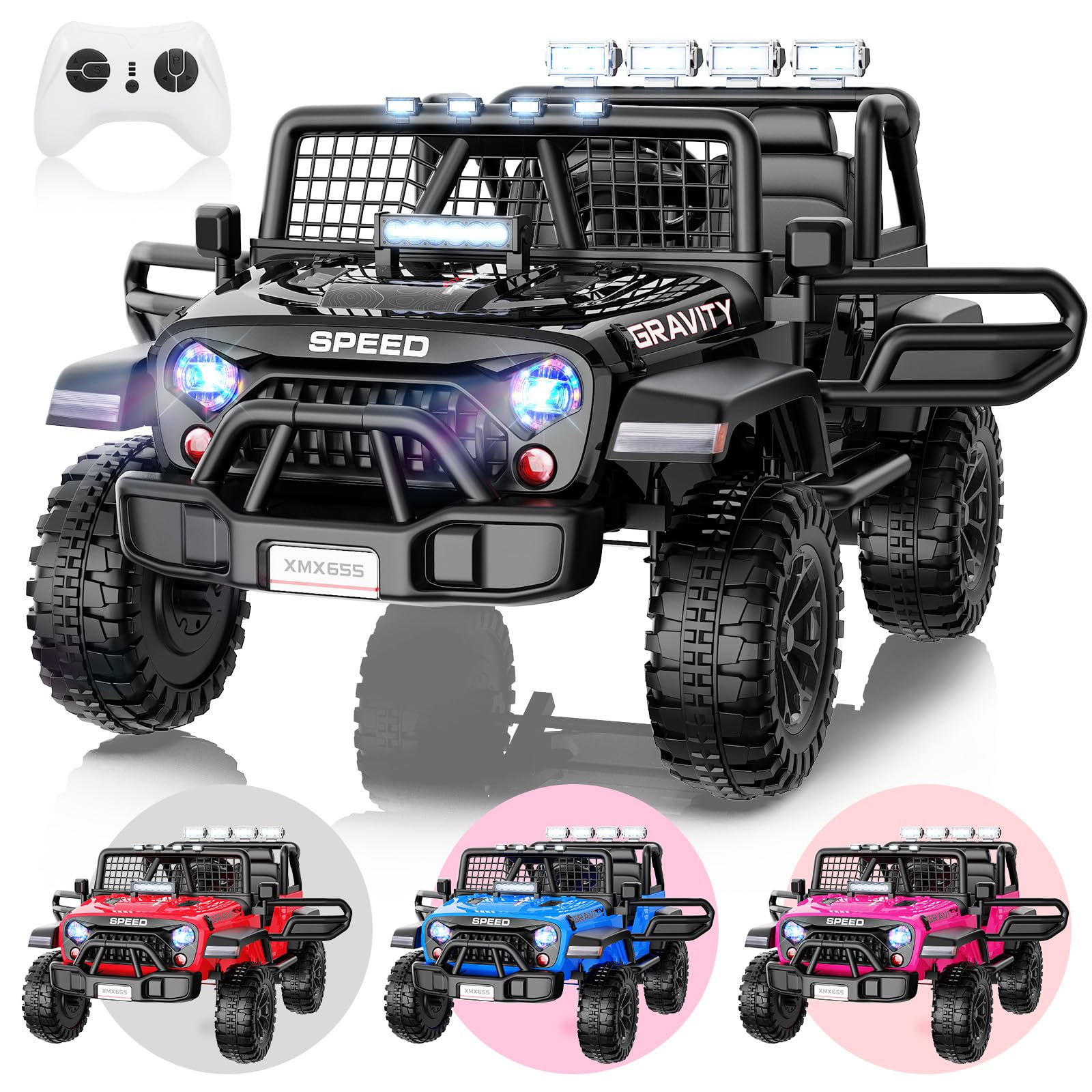 Hikole 24V 2 Seater Ride On Car for Kids with Remote Control, 4X4 400W XL Power Truck Wheels with 20" Wide Seat, Soft Start, 3 Speeds, Music,