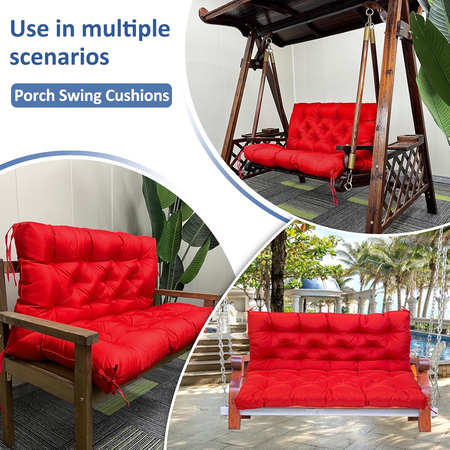 Porch Swing Replacement Cushions: 2-3 Seater Outdoor Waterproof Swing Cushions with Ties - Thick Swing Cushion with Backrest for Garden Patio Furniture Loveseat